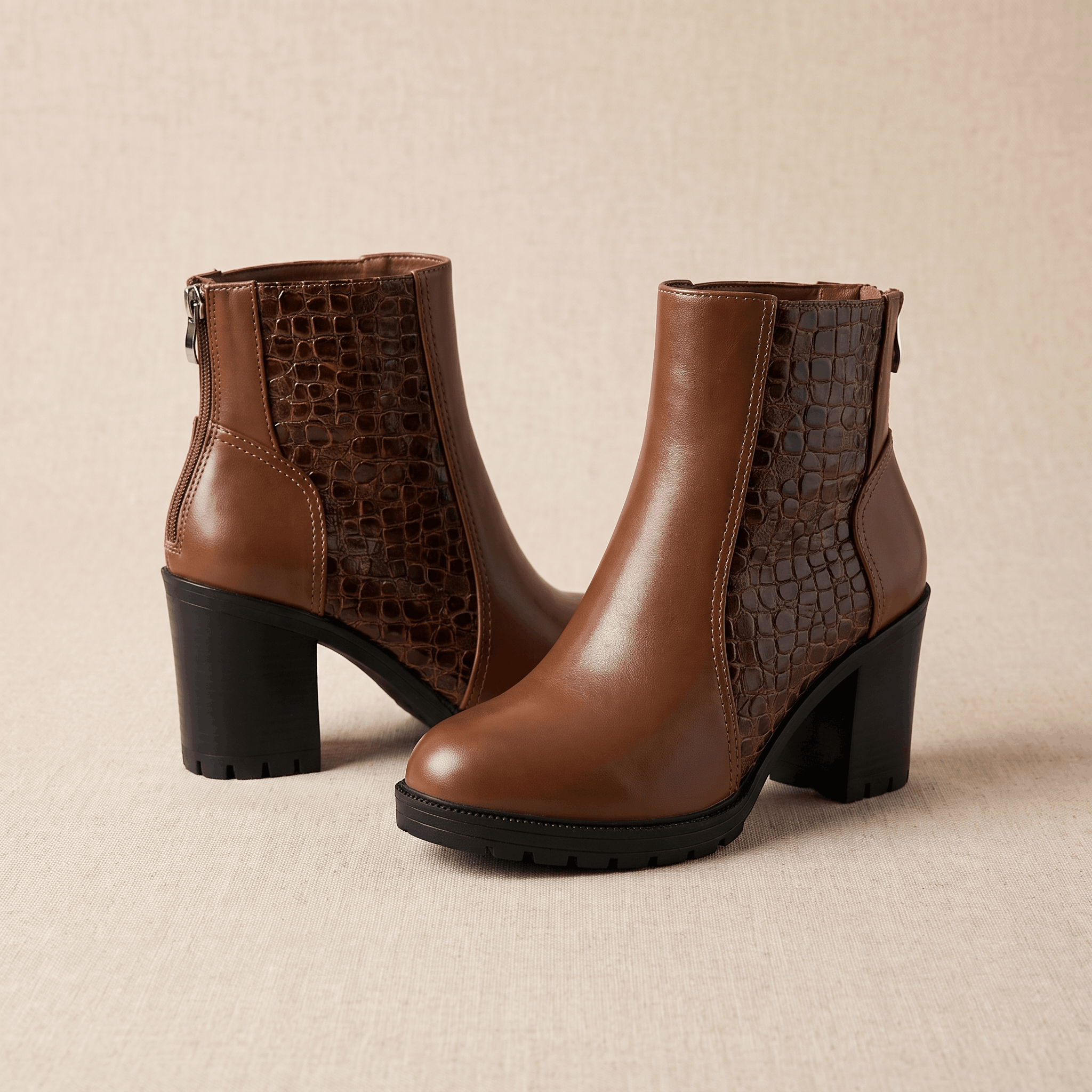 Bettina Croc-Embossed Ankle Boots – Block Heel Zip-Up Cushioned Footwear