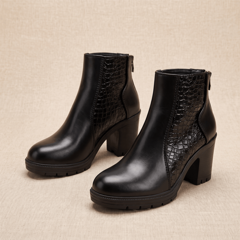 Bettina Croc-Embossed Ankle Boots – Block Heel Zip-Up Cushioned Footwear