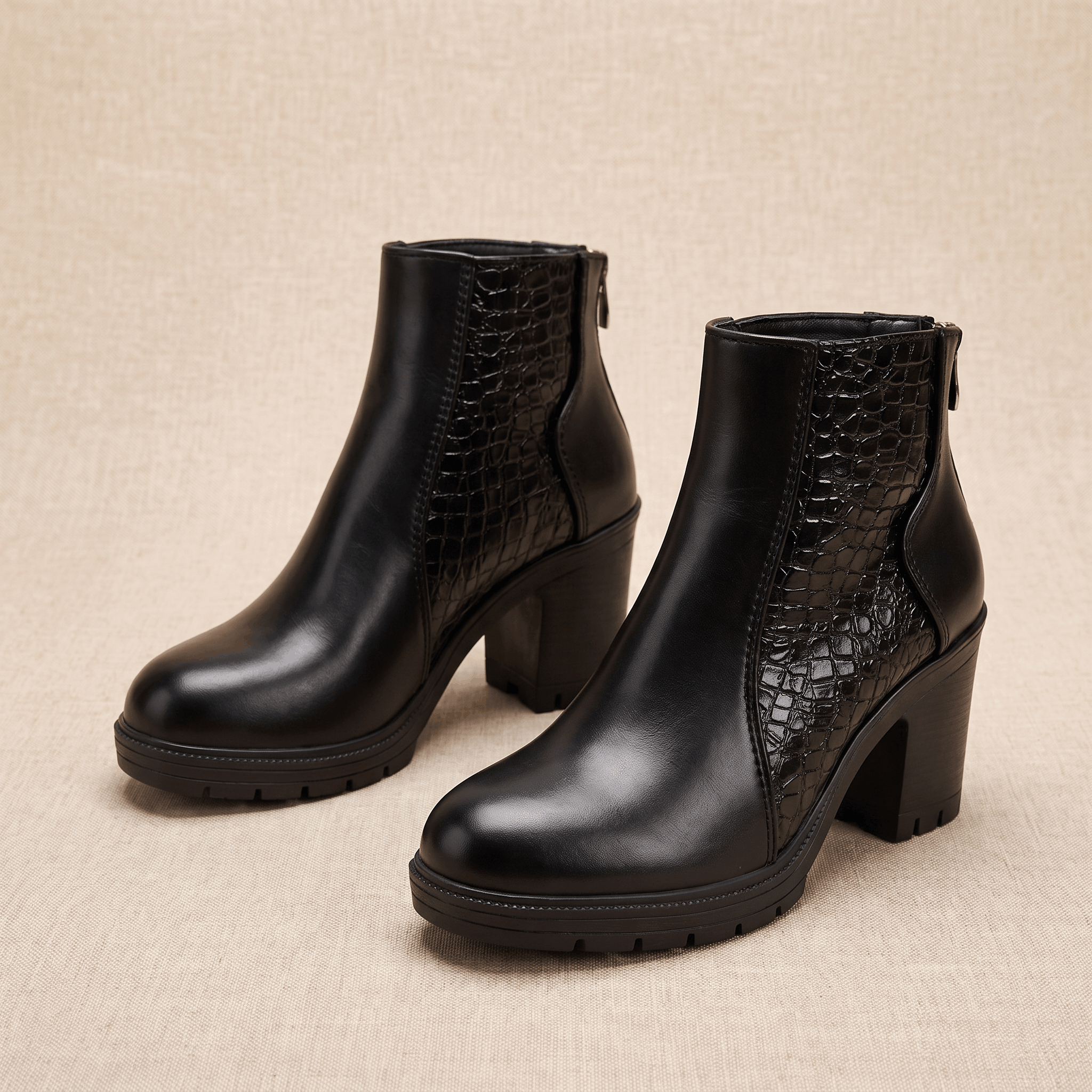Bettina Croc-Embossed Ankle Boots – Block Heel Zip-Up Cushioned Footwear