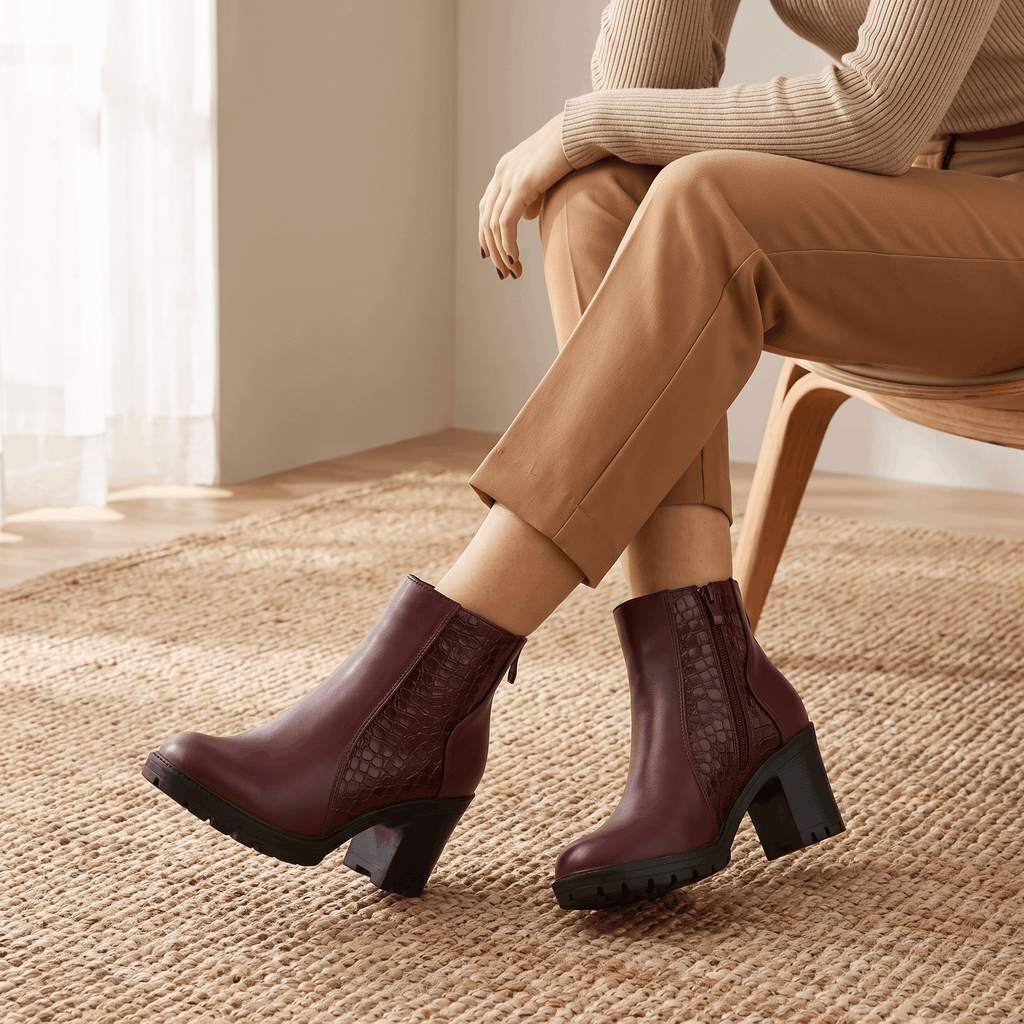 Bettina Croc-Embossed Ankle Boots – Block Heel Zip-Up Cushioned Footwear