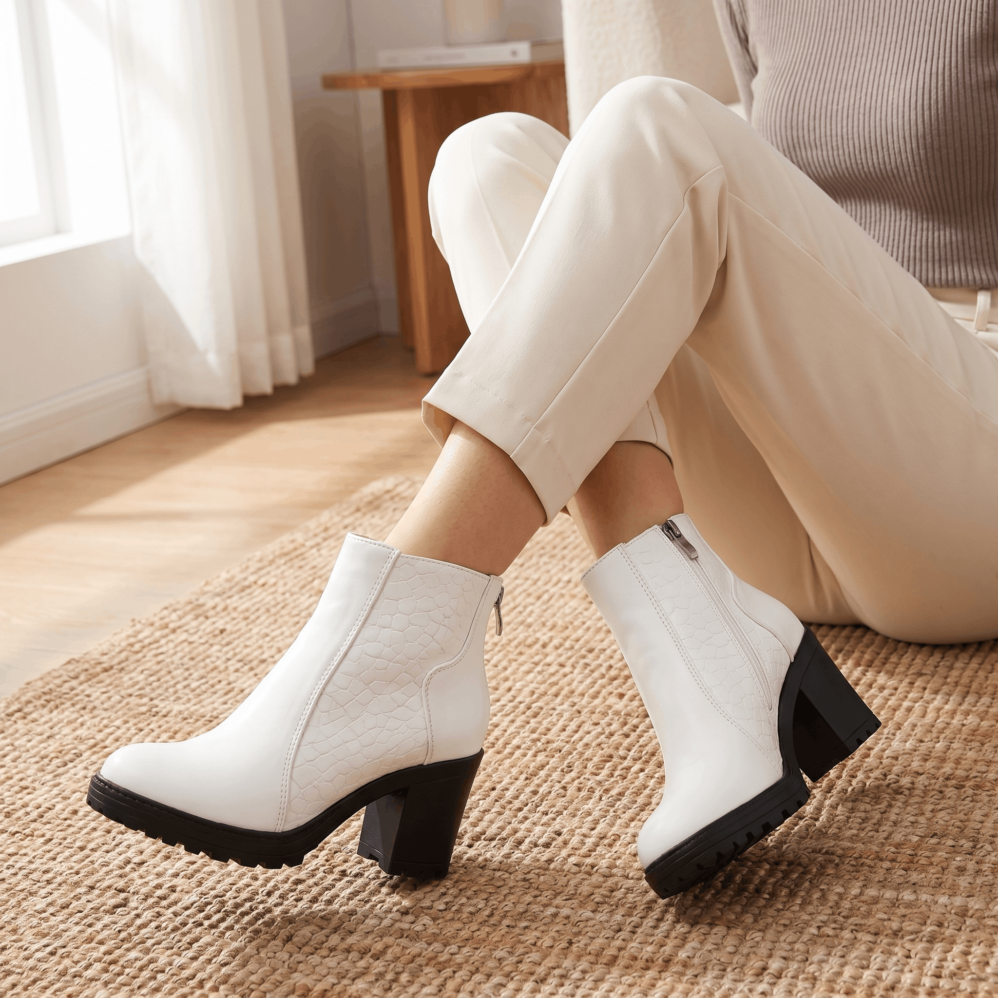 Bettina Croc-Embossed Ankle Boots – Block Heel Zip-Up Cushioned Footwear