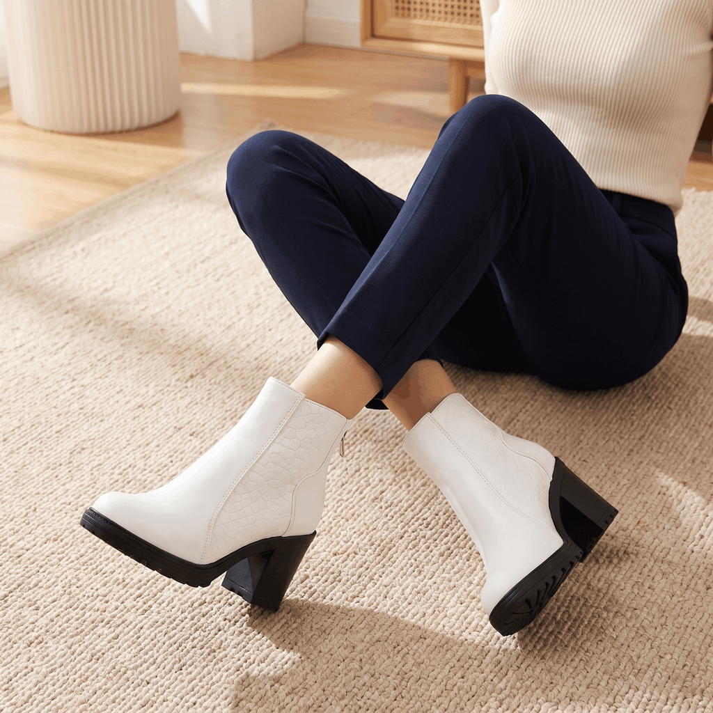 Bettina Croc-Embossed Ankle Boots – Block Heel Zip-Up Cushioned Footwear
