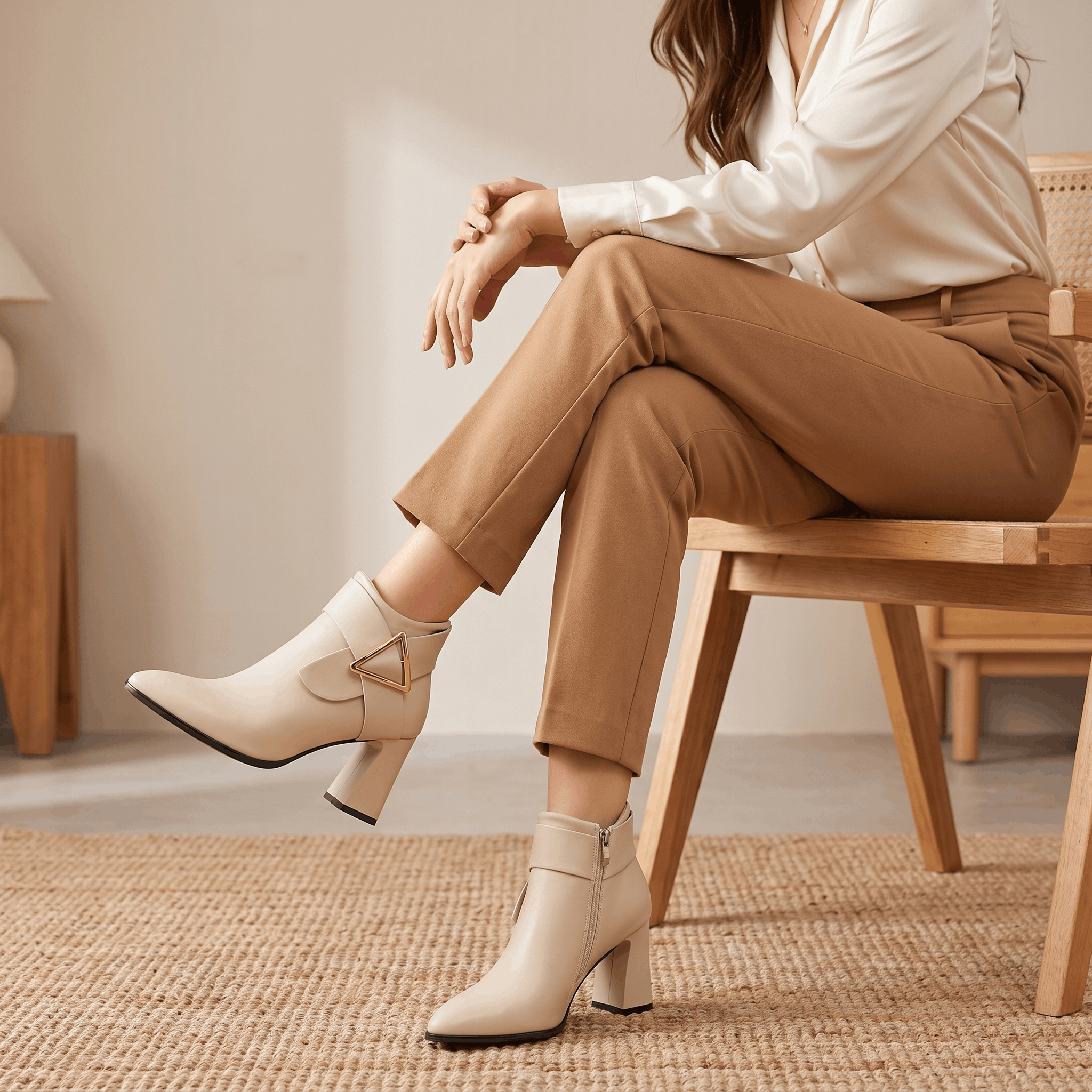 Julie Leather Ankle Boots – Gold Buckle Block Heel Pointed-Toe Zip Boots
