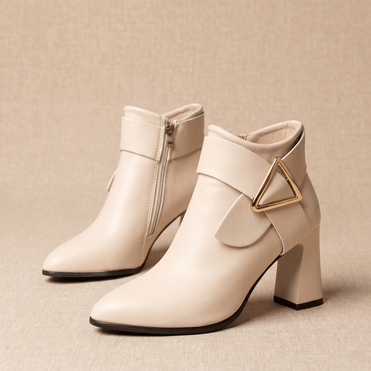 Julie Leather Ankle Boots – Gold Buckle Block Heel Pointed-Toe Zip Boots