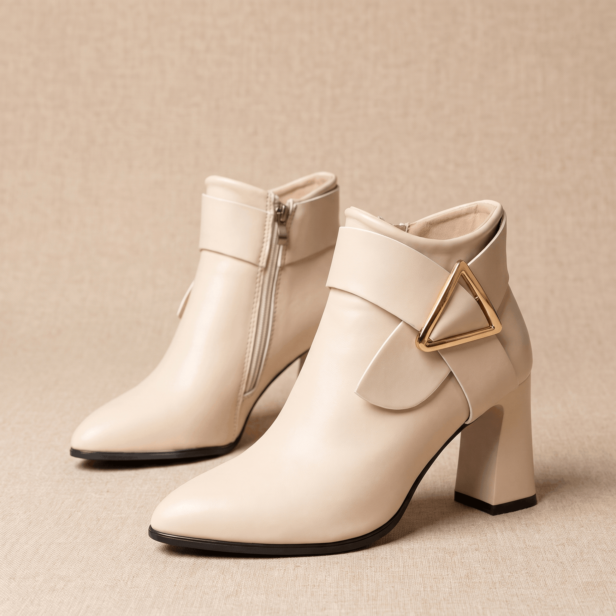 Julie Leather Ankle Boots – Gold Buckle Block Heel Pointed-Toe Zip Boots