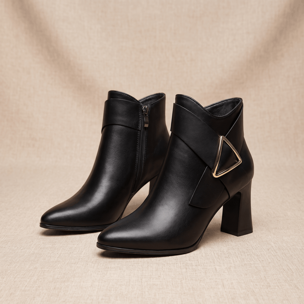 Julie Leather Ankle Boots – Gold Buckle Block Heel Pointed-Toe Zip Boots