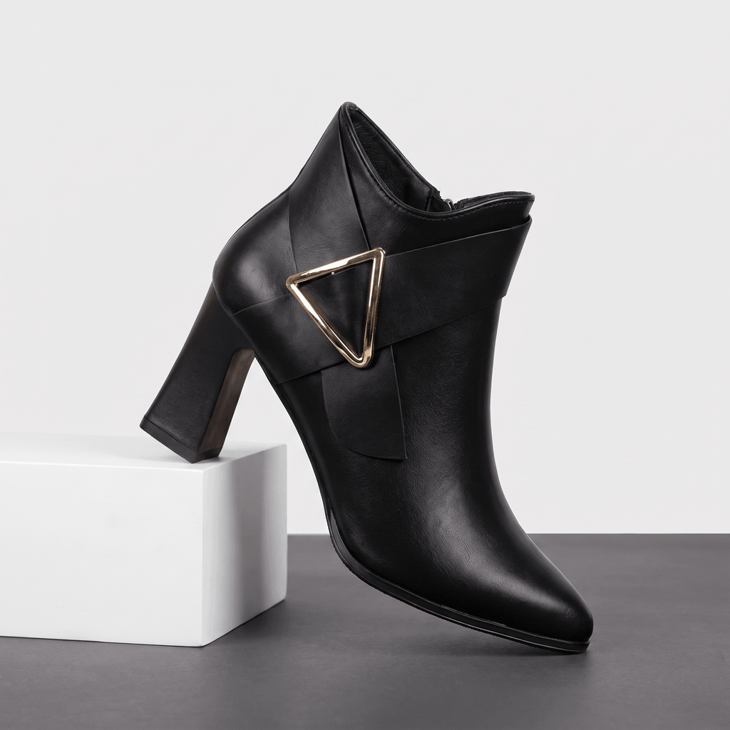 Julie Leather Ankle Boots – Gold Buckle Block Heel Pointed-Toe Zip Boots