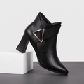 Julie Leather Ankle Boots – Gold Buckle Block Heel Pointed-Toe Zip Boots