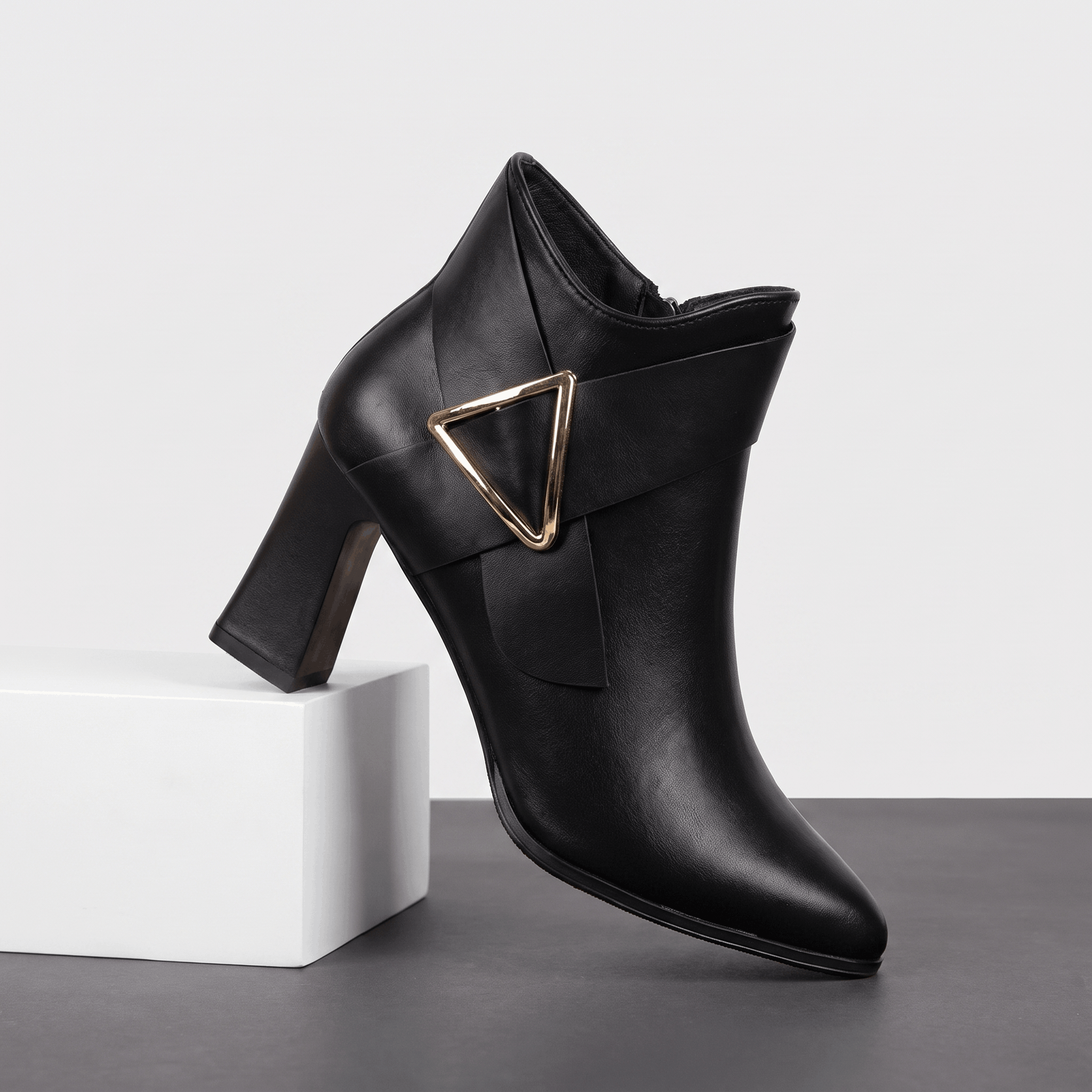 Julie Leather Ankle Boots – Gold Buckle Block Heel Pointed-Toe Zip Boots