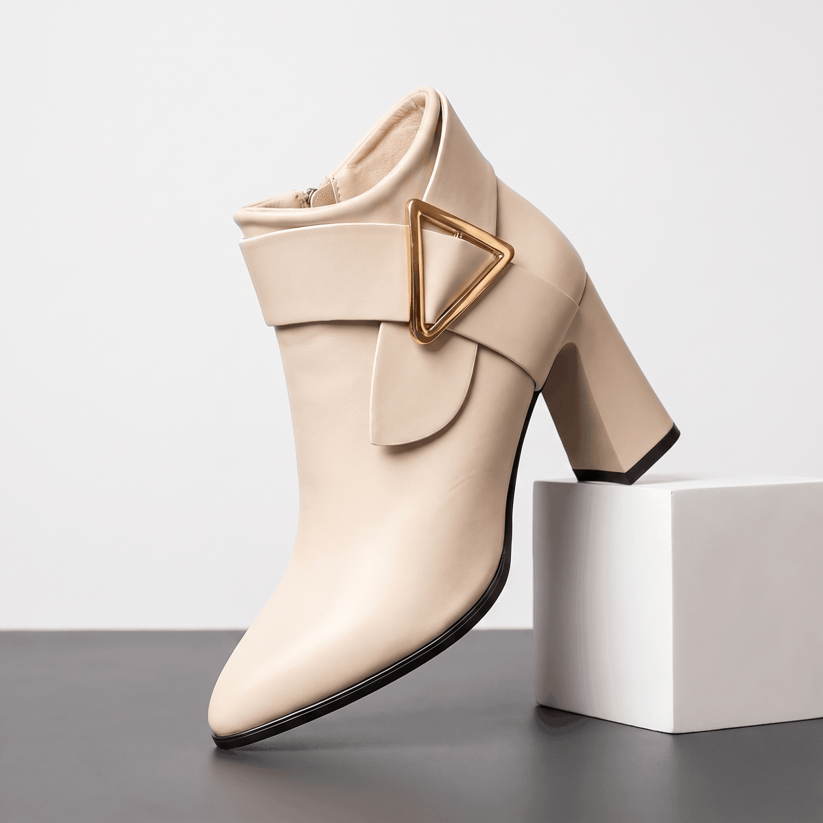 Julie Leather Ankle Boots – Gold Buckle Block Heel Pointed-Toe Zip Boots