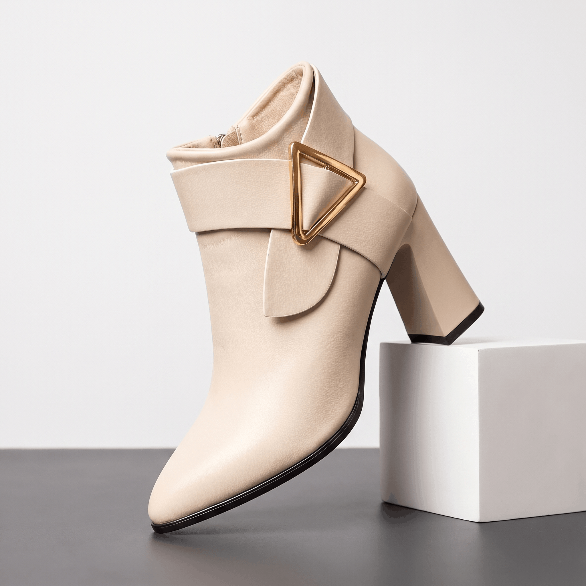Julie Leather Ankle Boots – Gold Buckle Block Heel Pointed-Toe Zip Boots