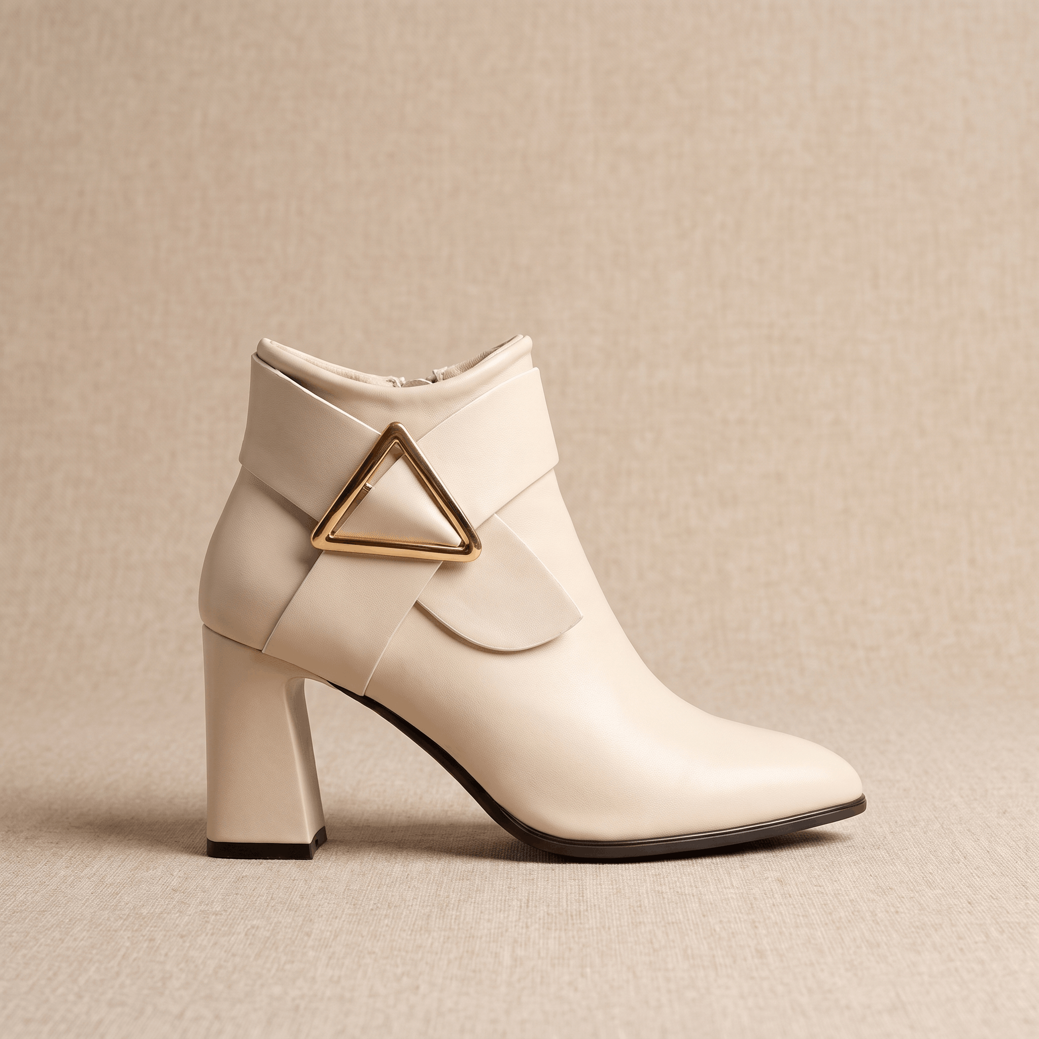 Julie Leather Ankle Boots – Gold Buckle Block Heel Pointed-Toe Zip Boots