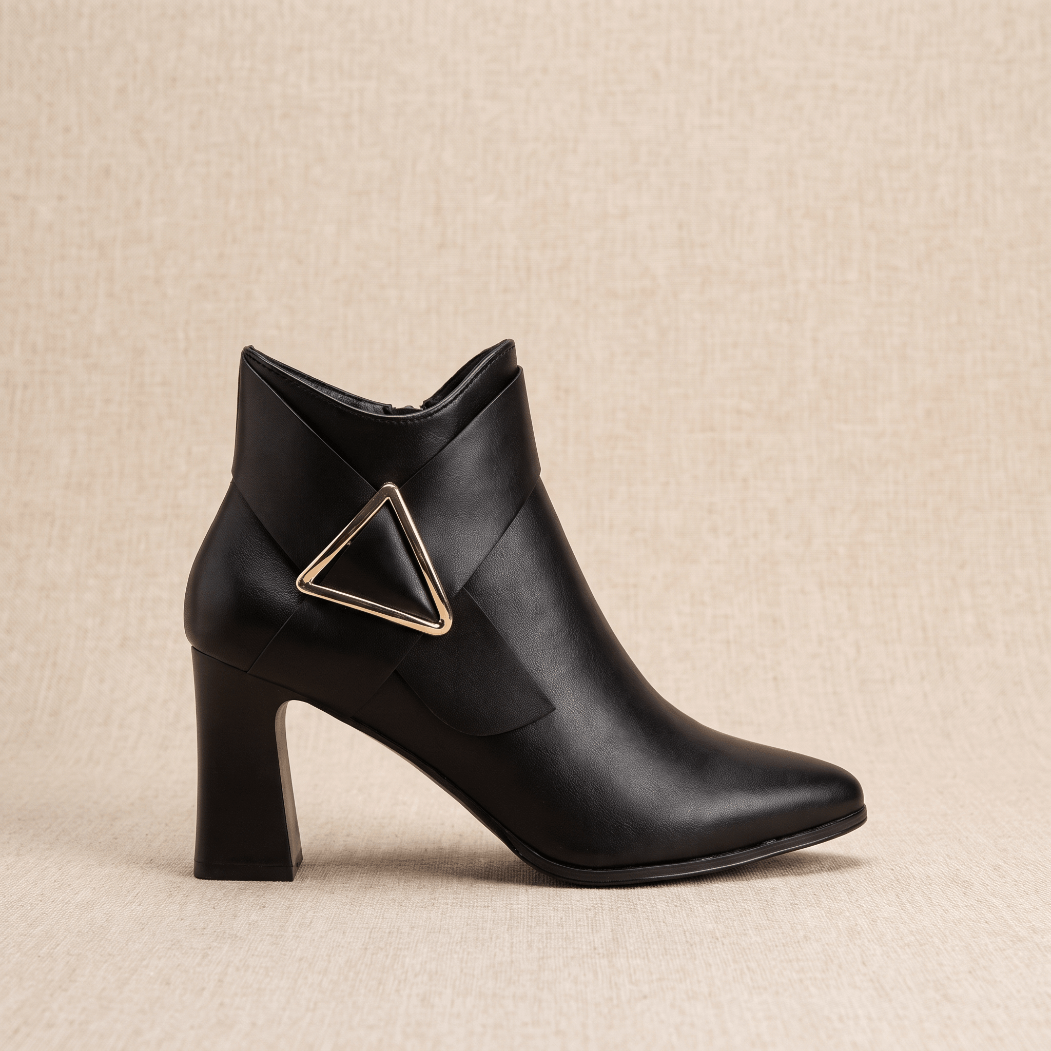 Julie Leather Ankle Boots – Gold Buckle Block Heel Pointed-Toe Zip Boots