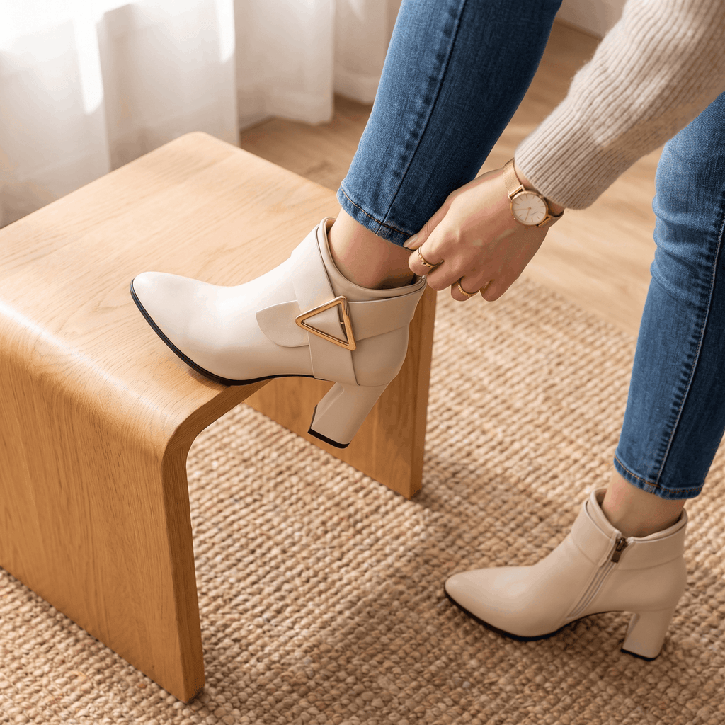 Julie Leather Ankle Boots – Gold Buckle Block Heel Pointed-Toe Zip Boots