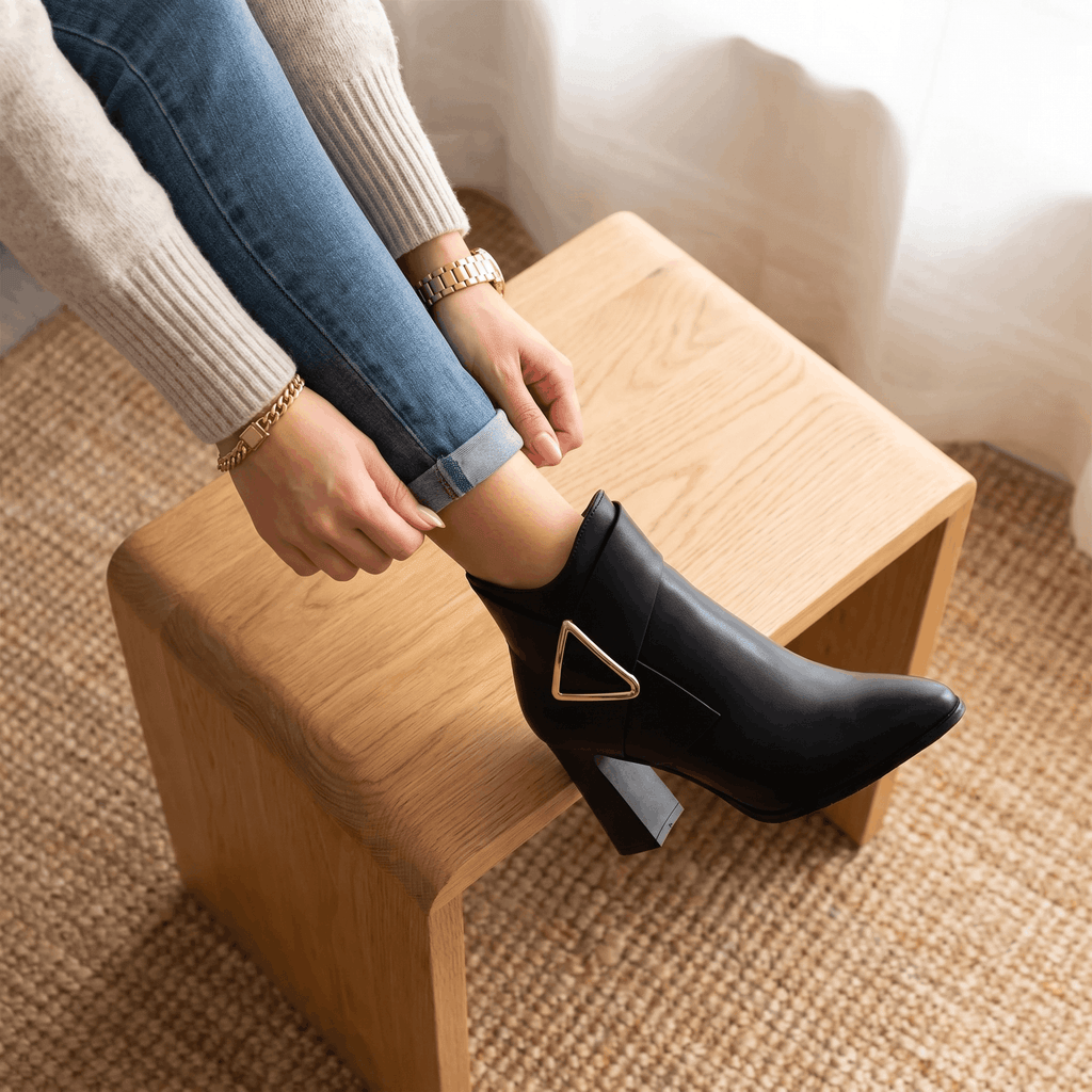Julie Leather Ankle Boots – Gold Buckle Block Heel Pointed-Toe Zip Boots