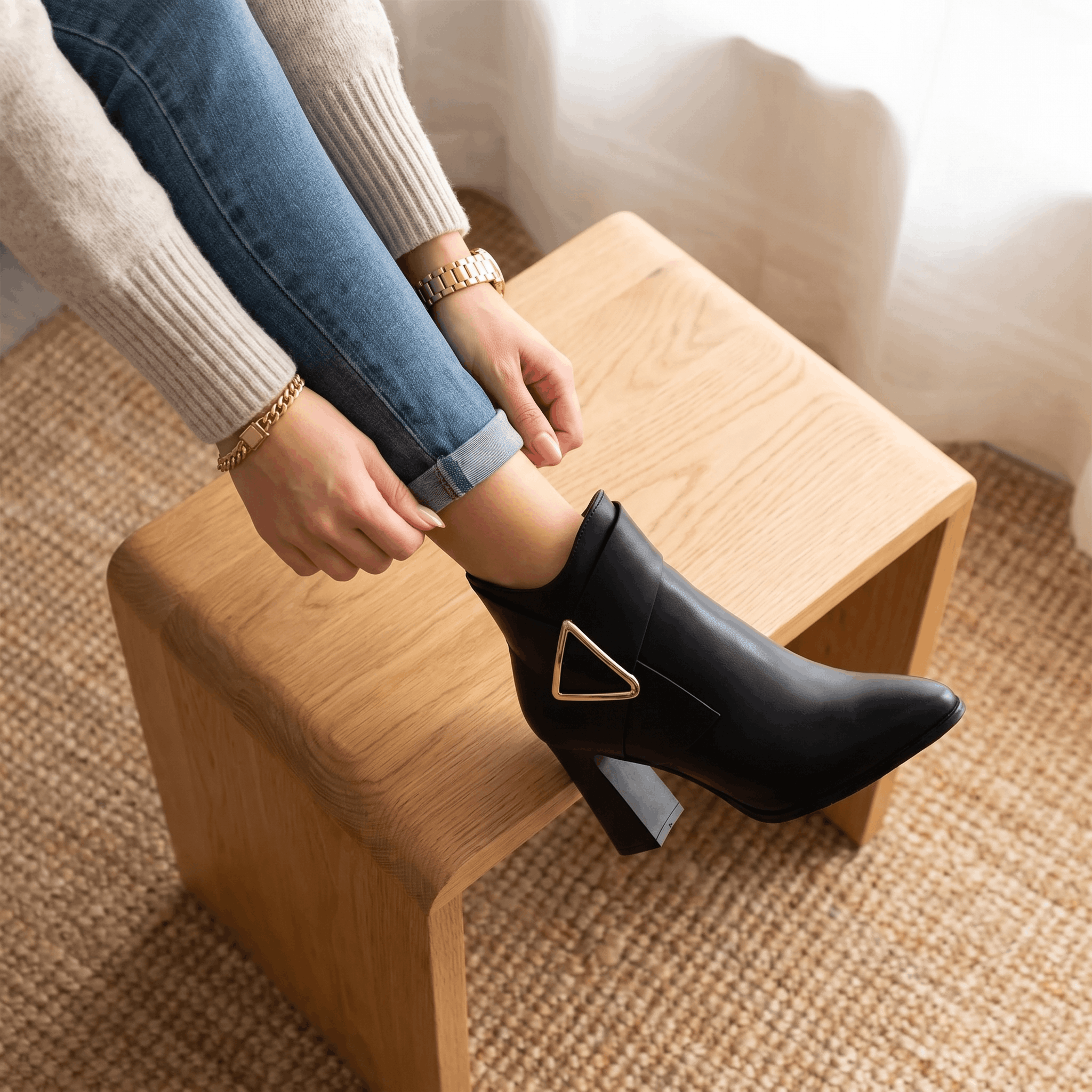 Julie Leather Ankle Boots – Gold Buckle Block Heel Pointed-Toe Zip Boots