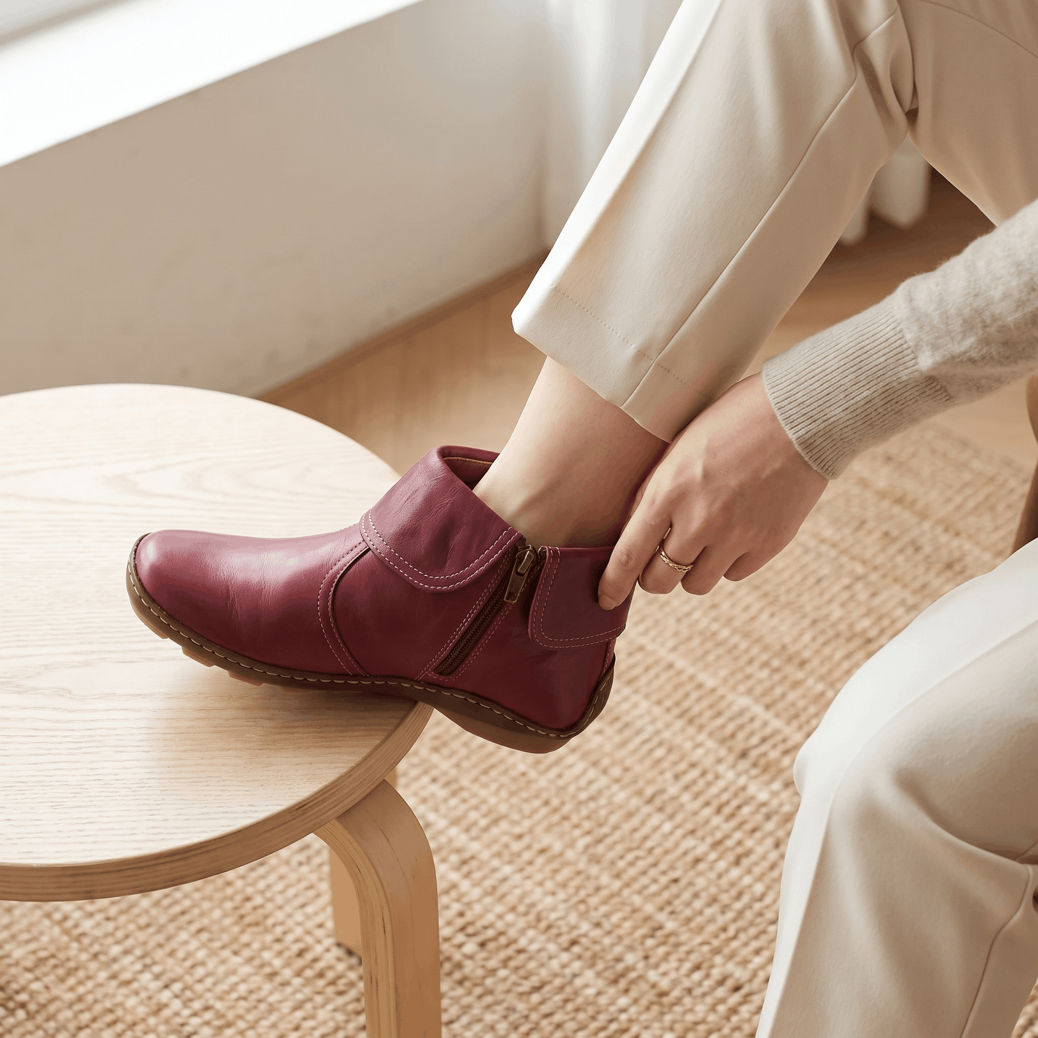 Harper Leather Ankle Boots – Arch Support Waterproof Side-Zip Flat Boots