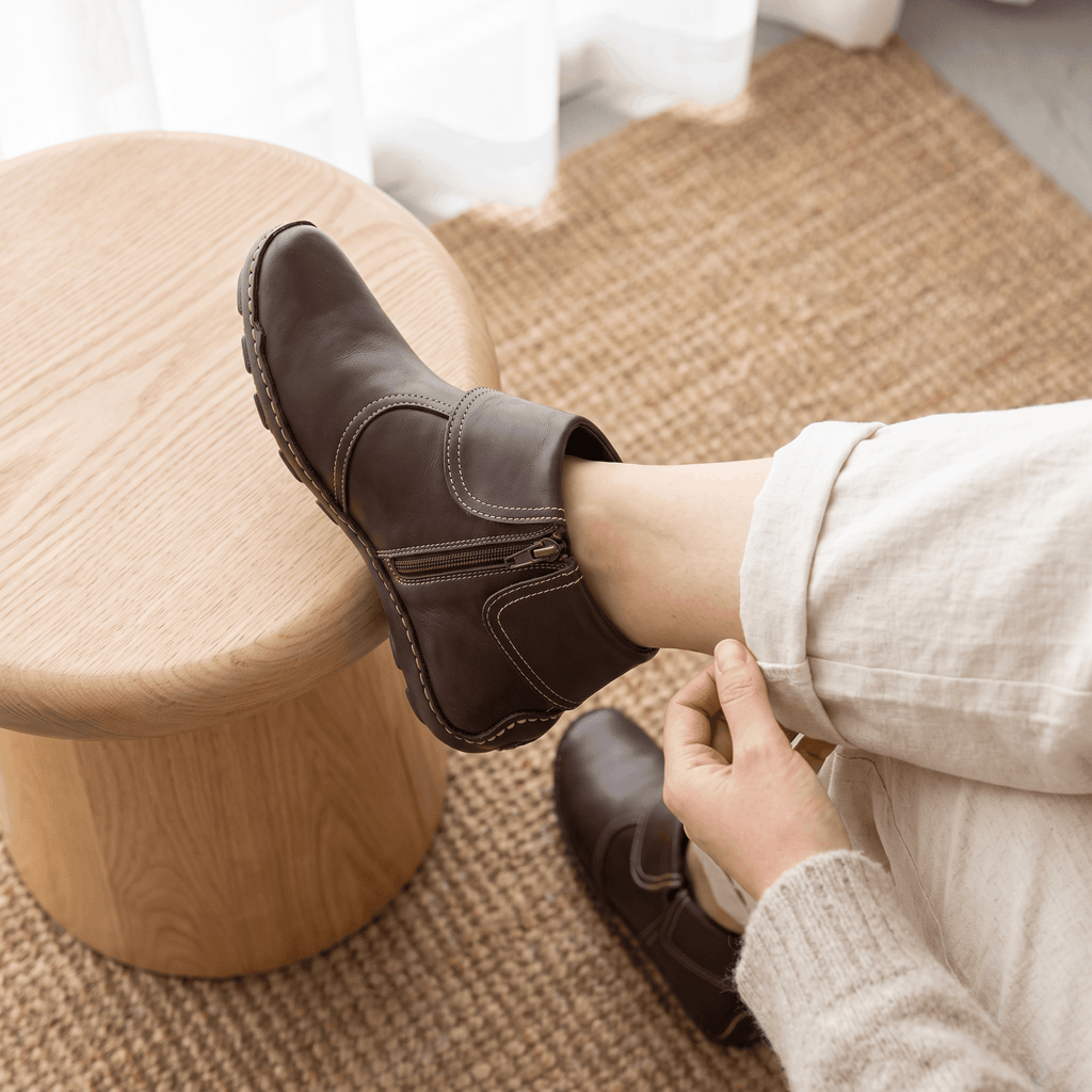 Harper Leather Ankle Boots – Arch Support Waterproof Side-Zip Flat Boots