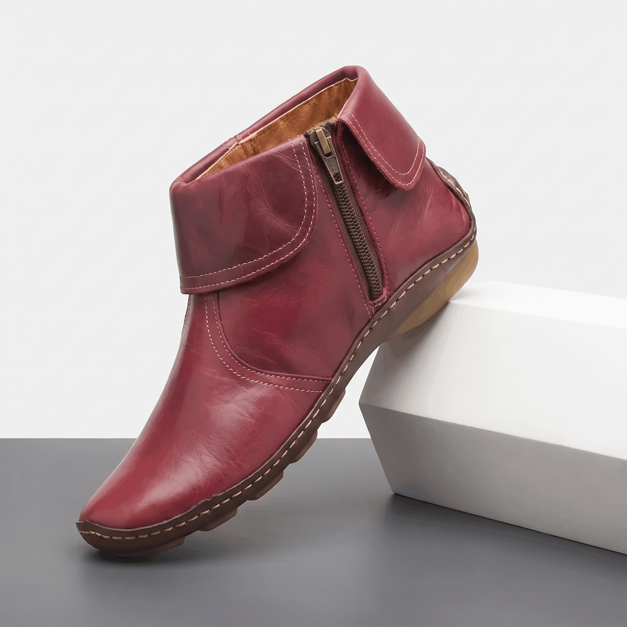 Harper Leather Ankle Boots – Arch Support Waterproof Side-Zip Flat Boots