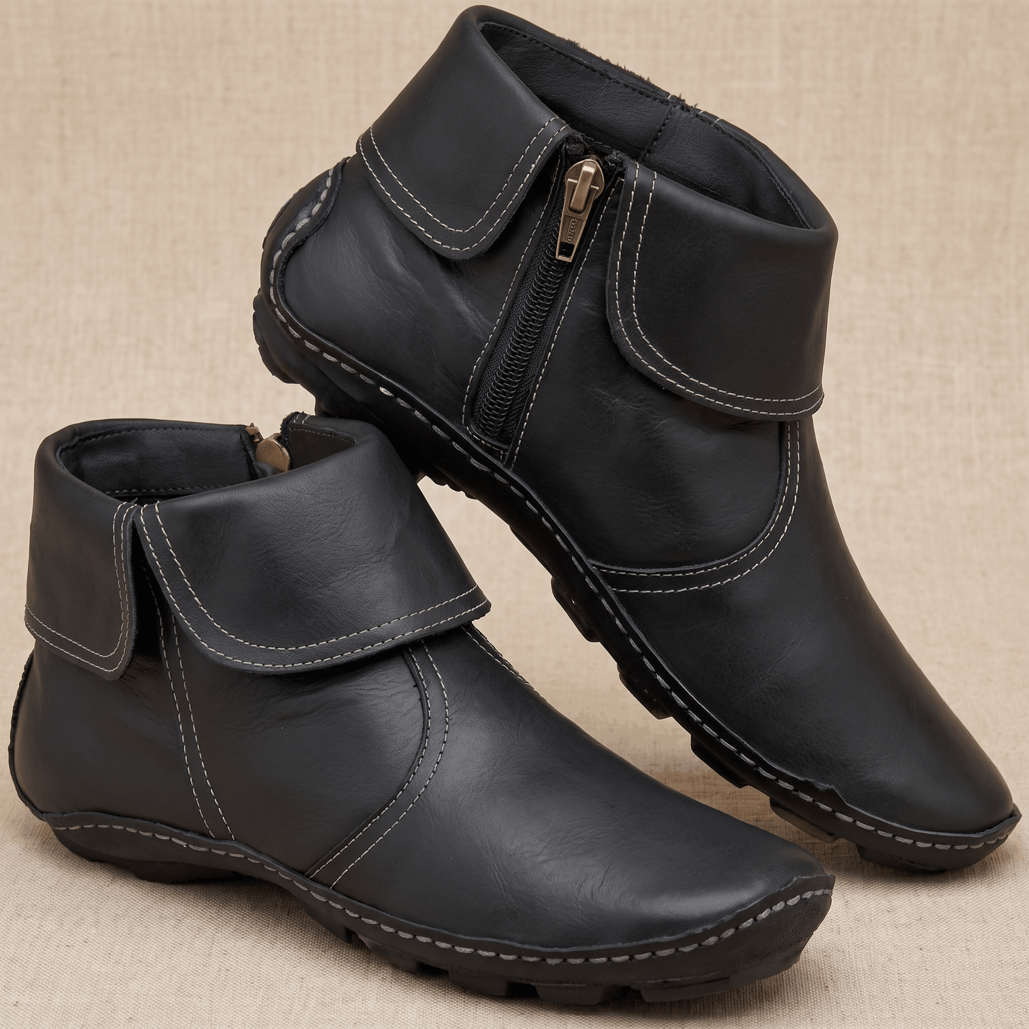 Harper Leather Ankle Boots – Arch Support Waterproof Side-Zip Flat Boots