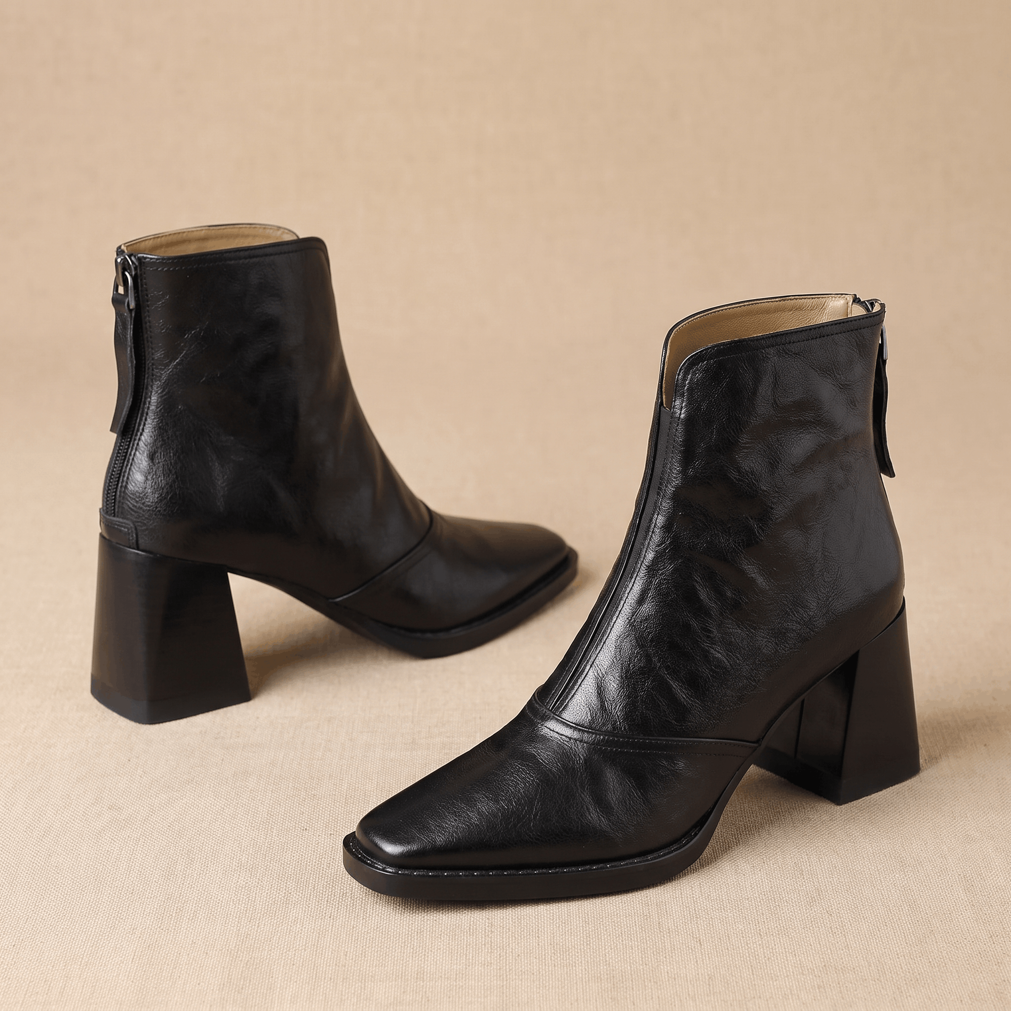 Abigail Leather Ankle Boots – Sculpted Block Heel Square-Toe Back-Zip Boots