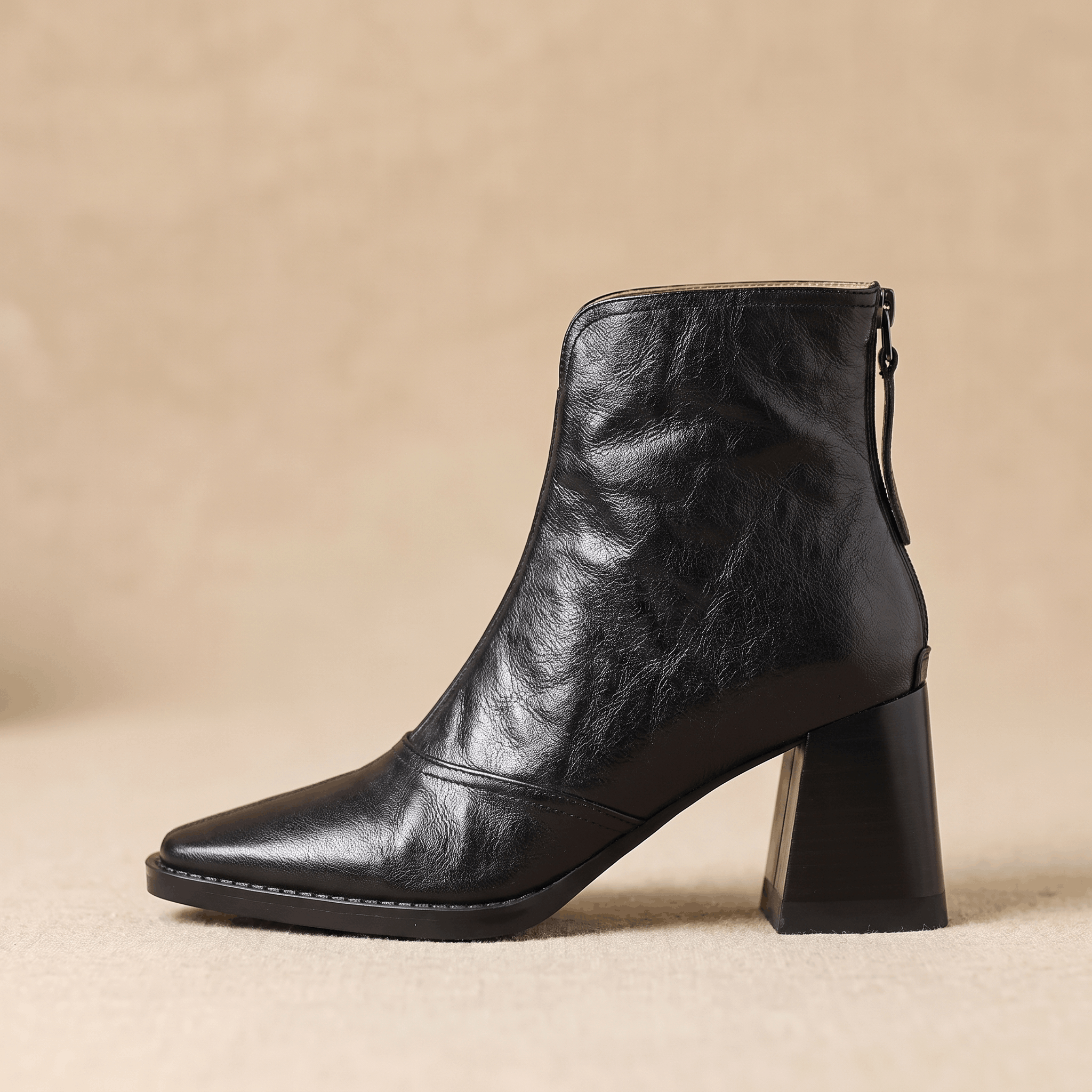 Abigail Leather Ankle Boots – Sculpted Block Heel Square-Toe Back-Zip Boots
