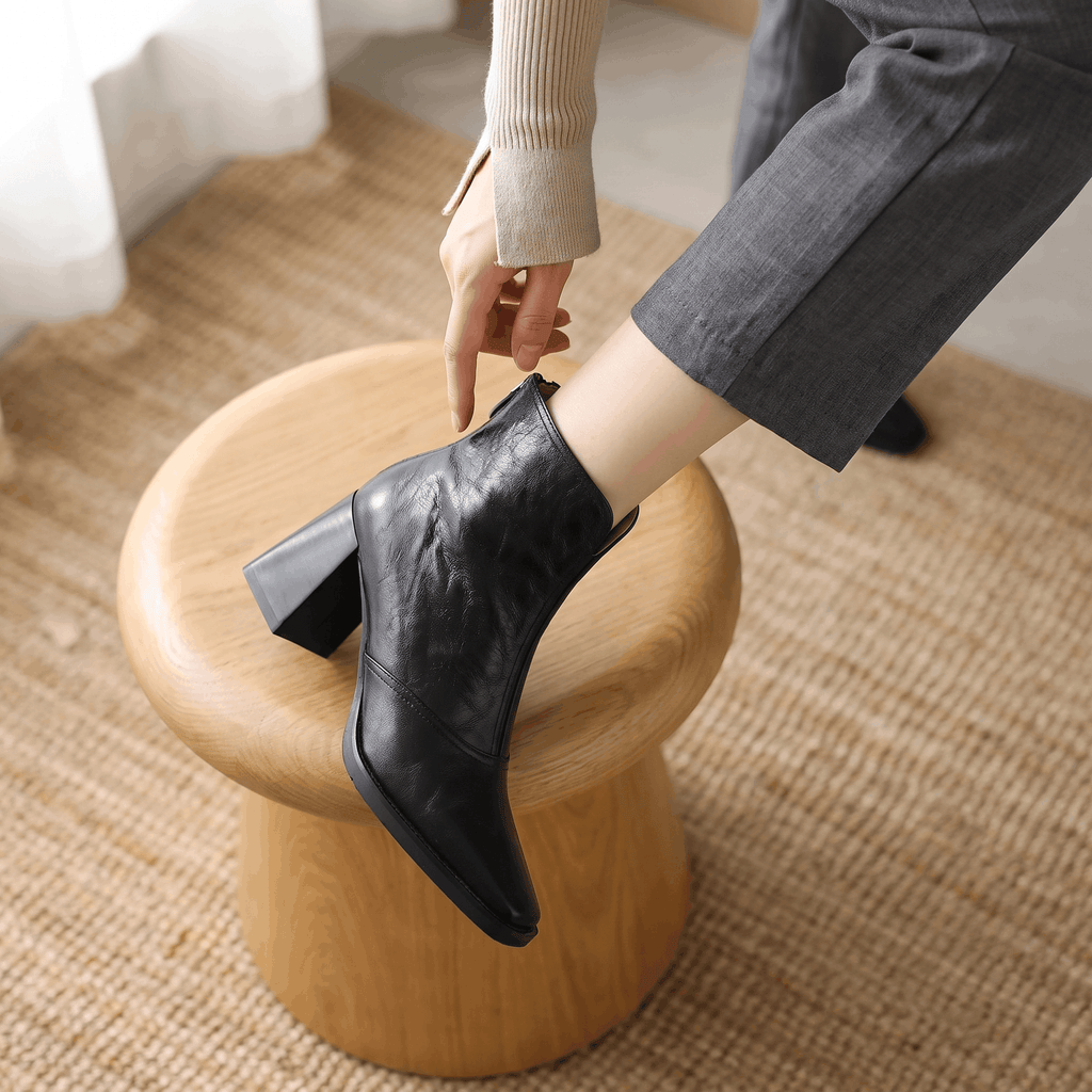 Abigail Leather Ankle Boots – Sculpted Block Heel Square-Toe Back-Zip Boots