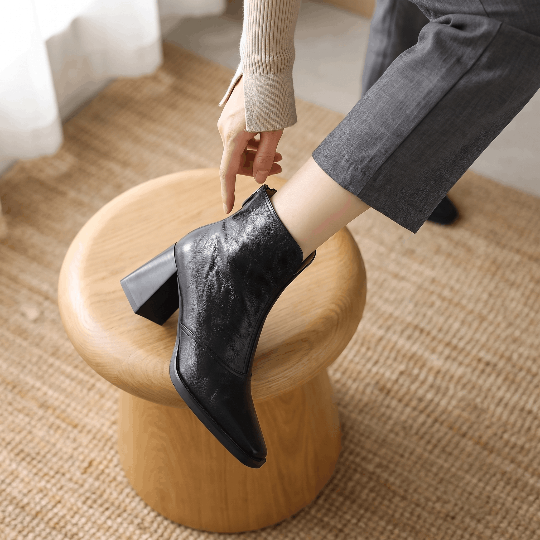 Abigail Leather Ankle Boots – Sculpted Block Heel Square-Toe Back-Zip Boots