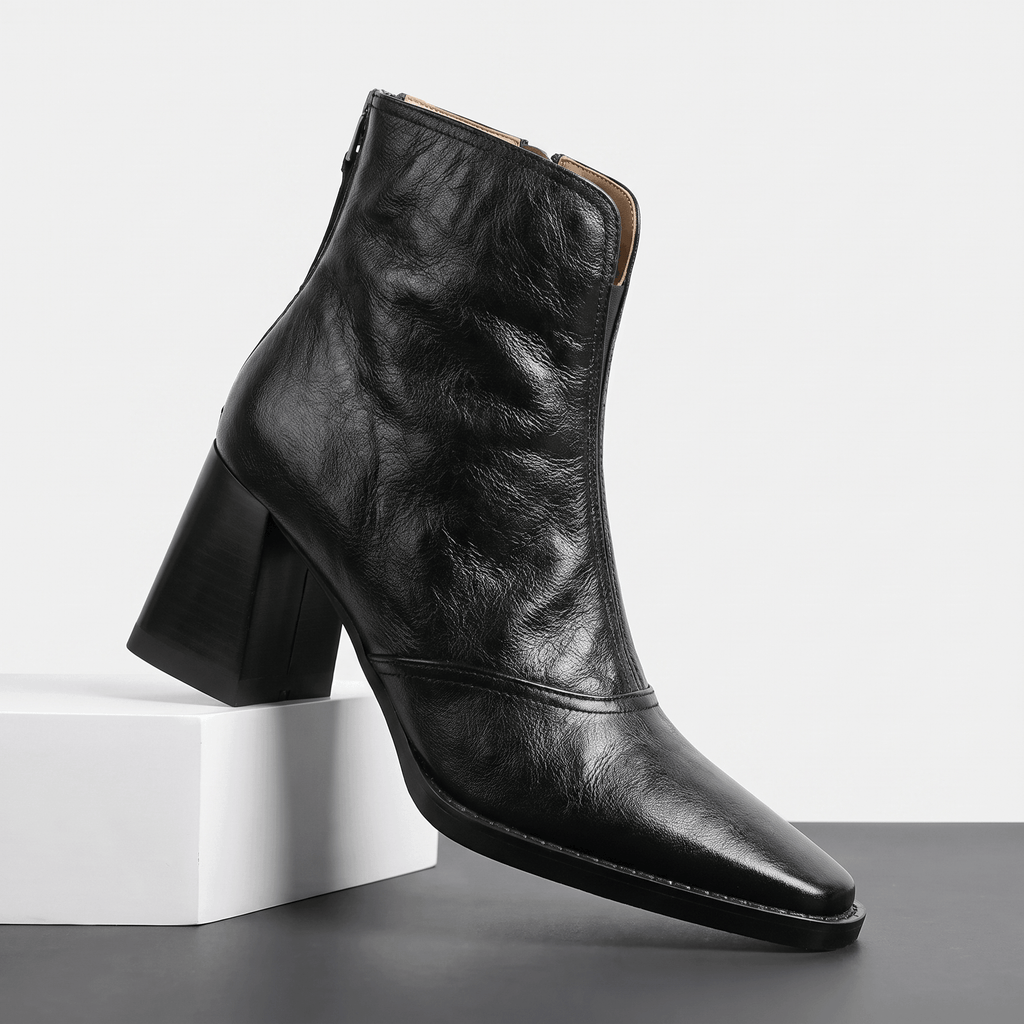 Abigail Leather Ankle Boots – Sculpted Block Heel Square-Toe Back-Zip Boots