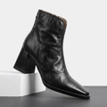 Abigail Leather Ankle Boots – Sculpted Block Heel Square-Toe Back-Zip Boots