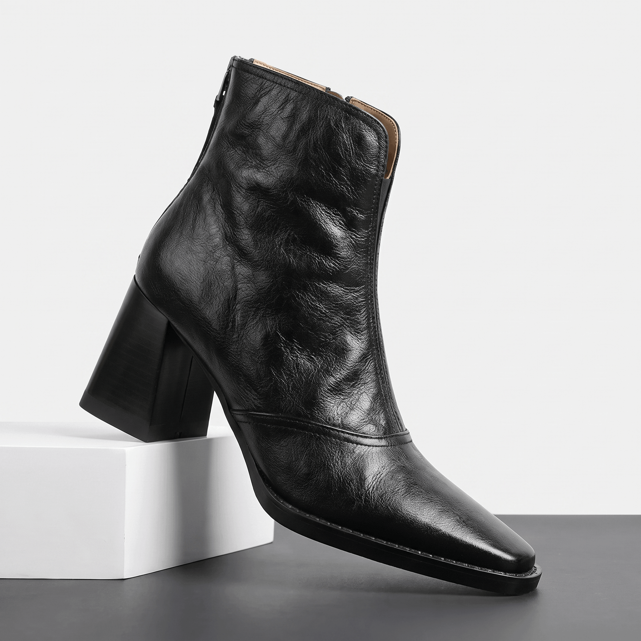 Abigail Leather Ankle Boots – Sculpted Block Heel Square-Toe Back-Zip Boots