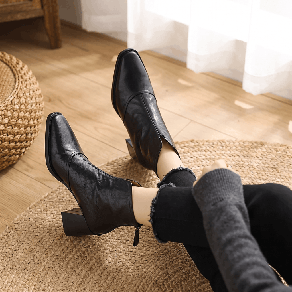 Abigail Leather Ankle Boots – Sculpted Block Heel Square-Toe Back-Zip Boots