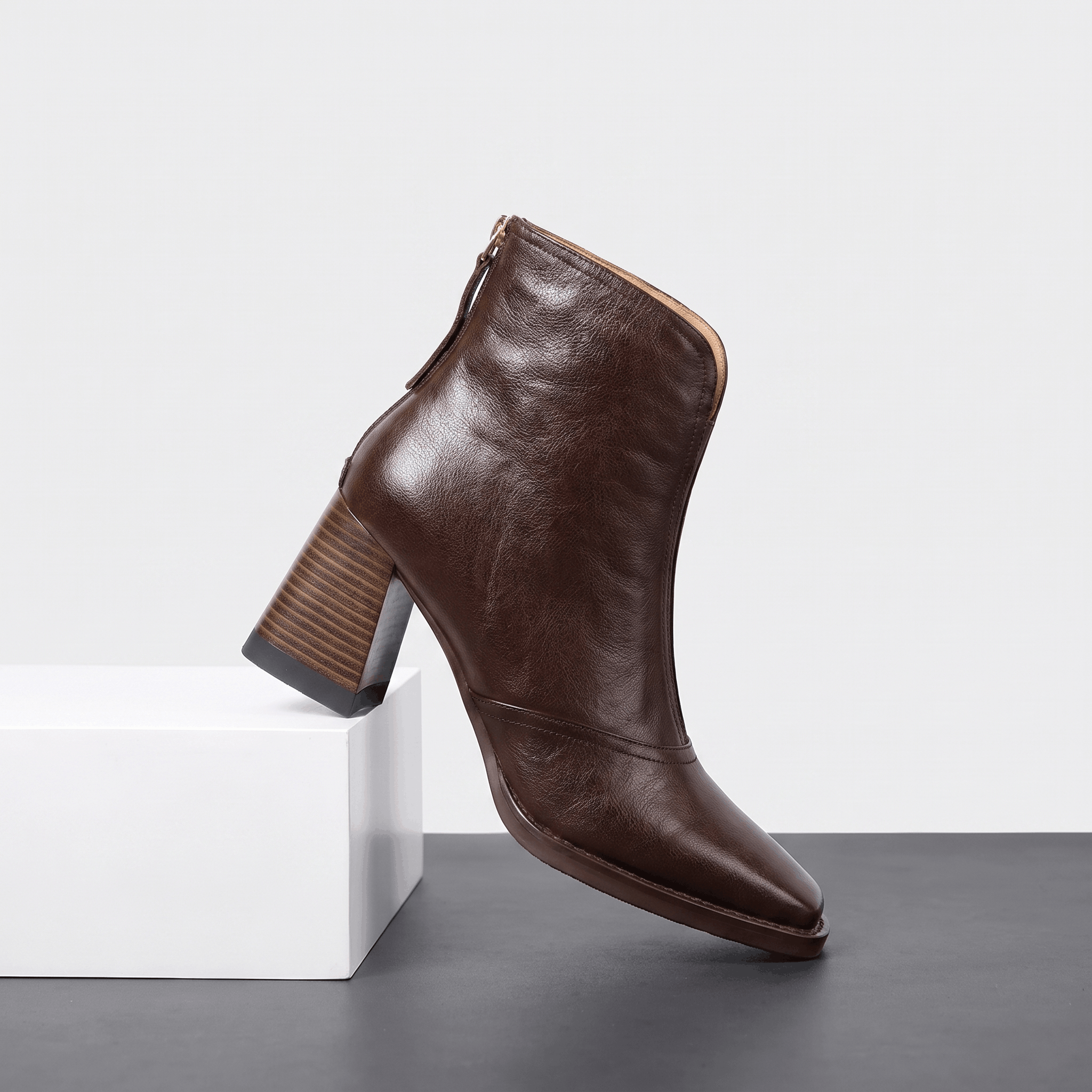 Abigail Leather Ankle Boots – Sculpted Block Heel Square-Toe Back-Zip Boots