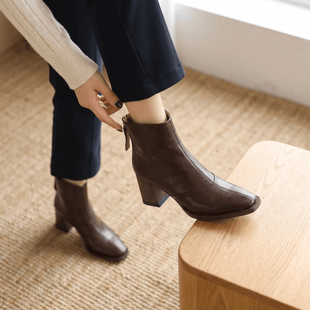 Abigail Leather Ankle Boots – Sculpted Block Heel Square-Toe Back-Zip Boots