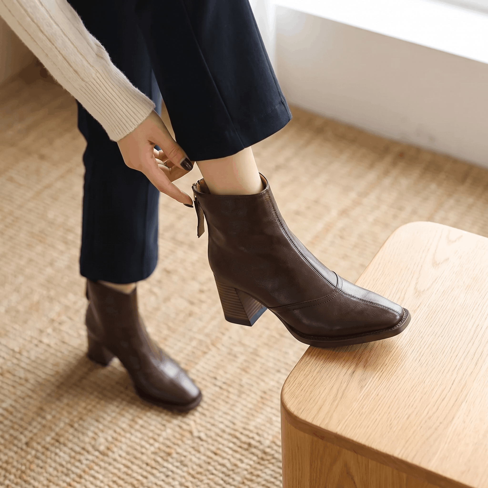 Abigail Leather Ankle Boots – Sculpted Block Heel Square-Toe Back-Zip Boots