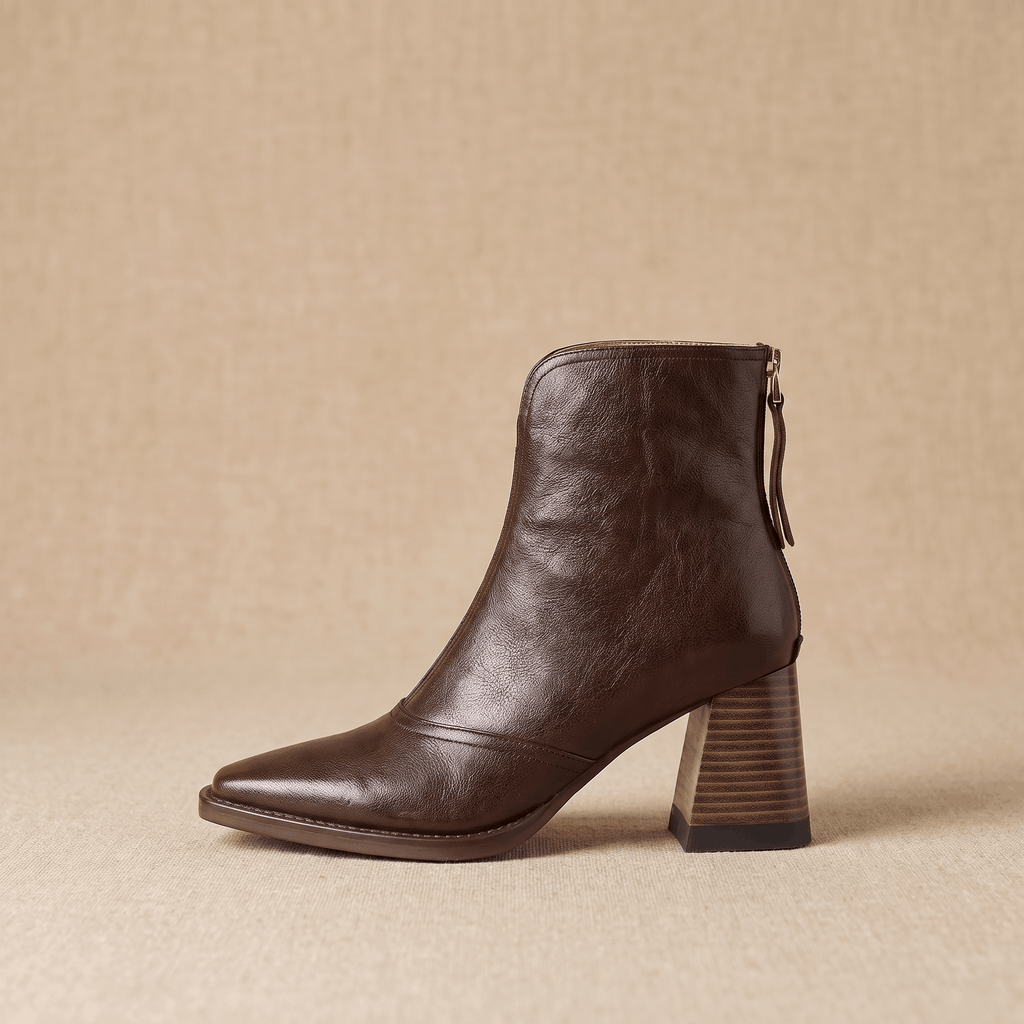 Abigail Leather Ankle Boots – Sculpted Block Heel Square-Toe Back-Zip Boots