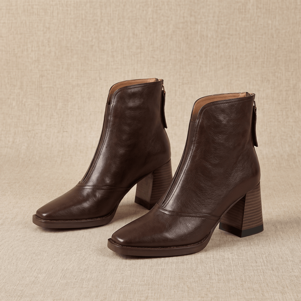Abigail Leather Ankle Boots – Sculpted Block Heel Square-Toe Back-Zip Boots
