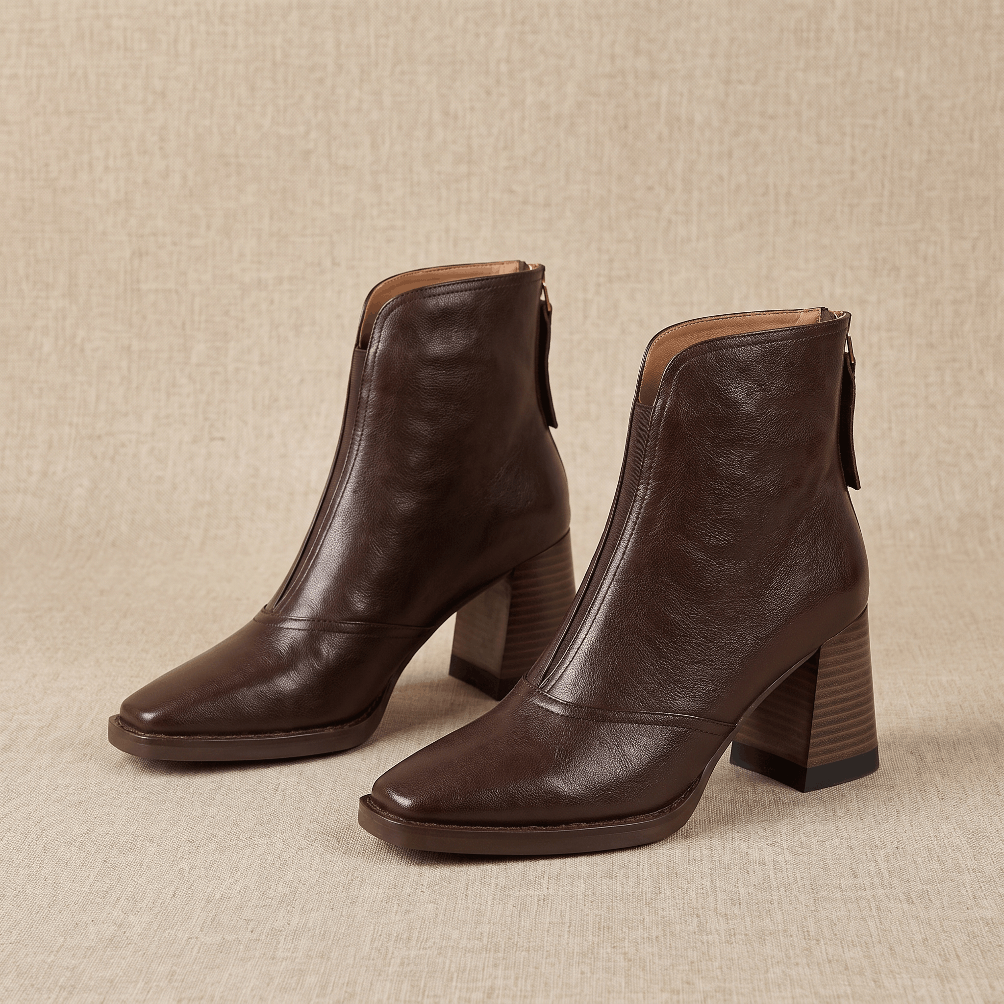 Abigail Leather Ankle Boots – Sculpted Block Heel Square-Toe Back-Zip Boots