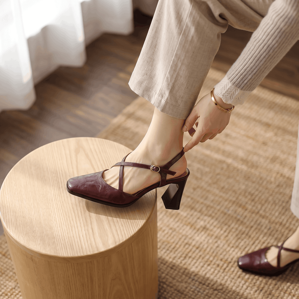 Bella Leather Slingback Heels – Cross-Strap Block Heel Pointed-Toe Pumps