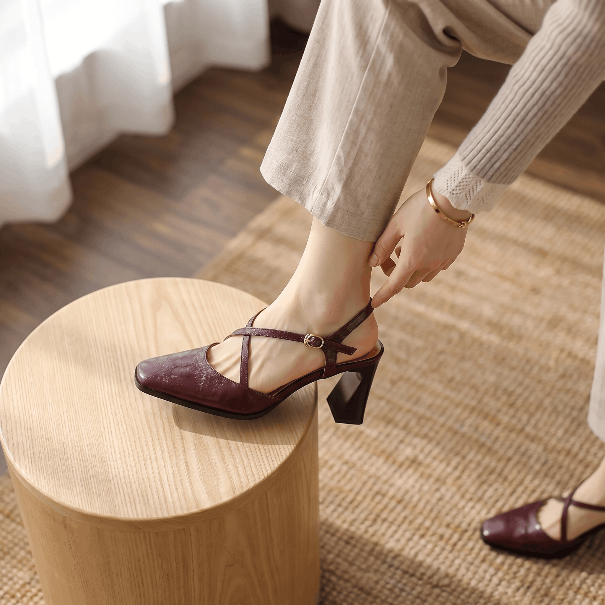 Bella Leather Slingback Heels – Cross-Strap Block Heel Pointed-Toe Pumps