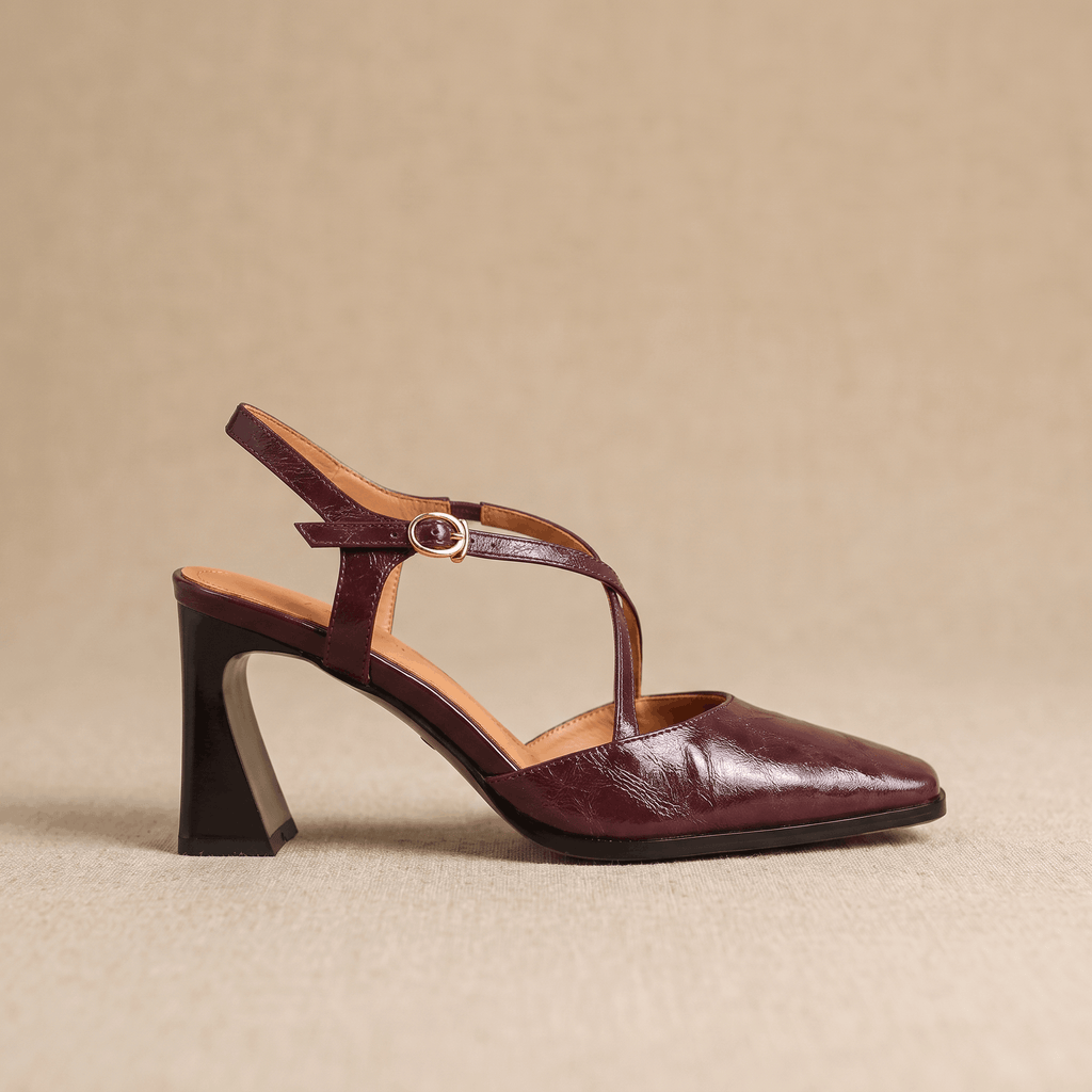 Bella Leather Slingback Heels – Cross-Strap Block Heel Pointed-Toe Pumps