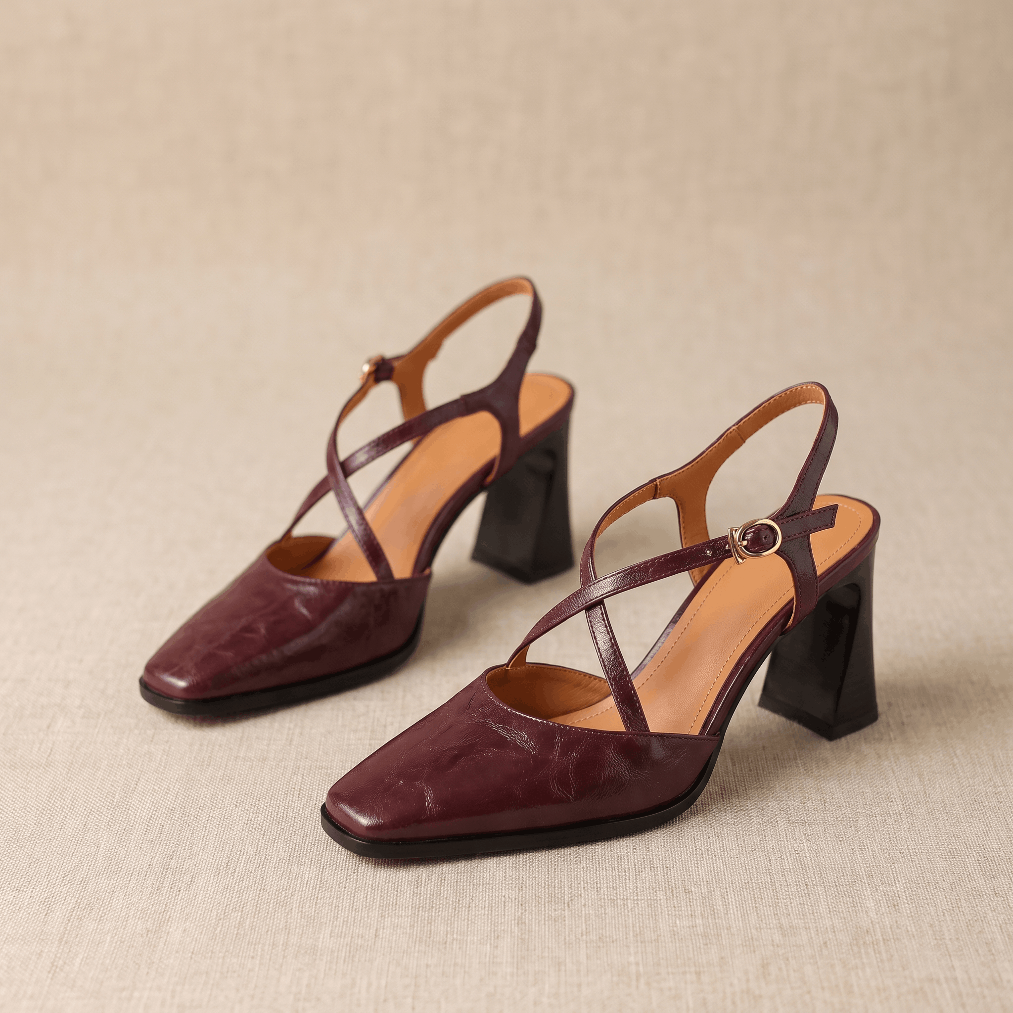 Bella Leather Slingback Heels – Cross-Strap Block Heel Pointed-Toe Pumps