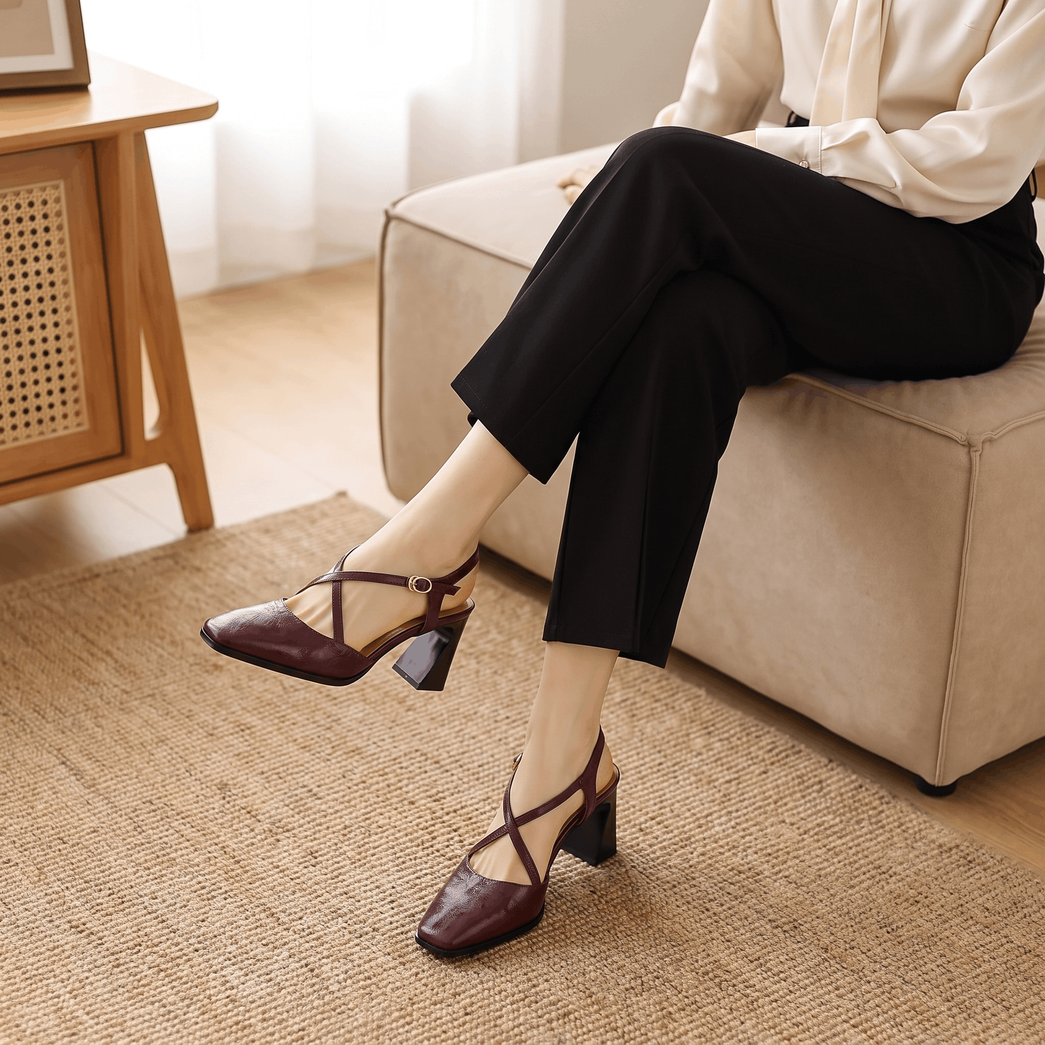 Bella Leather Slingback Heels – Cross-Strap Block Heel Pointed-Toe Pumps