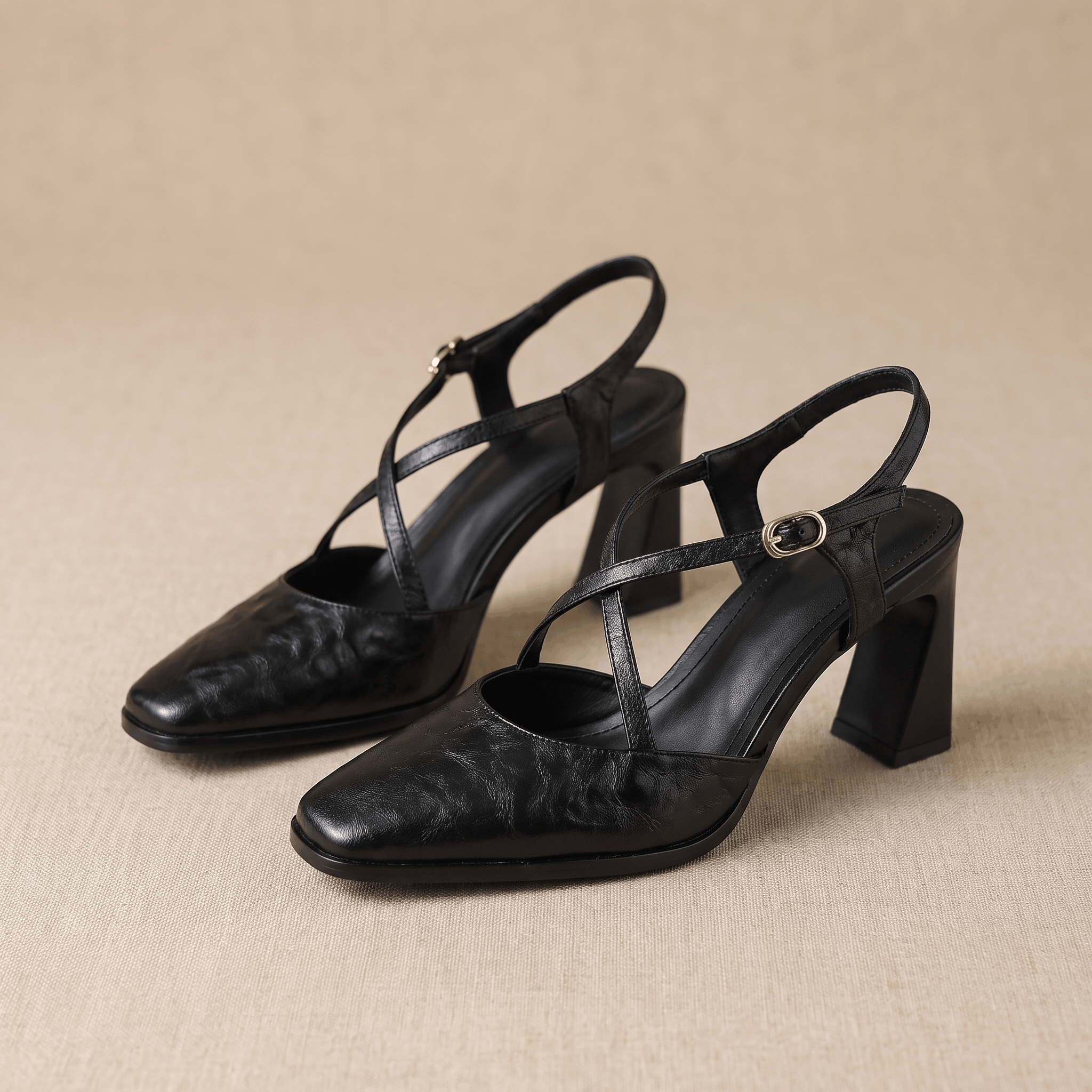 Bella Leather Slingback Heels – Cross-Strap Block Heel Pointed-Toe Pumps