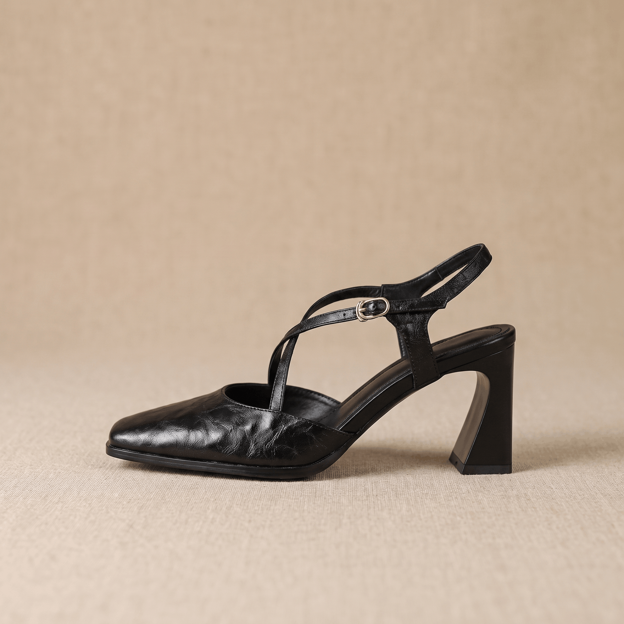 Bella Leather Slingback Heels – Cross-Strap Block Heel Pointed-Toe Pumps