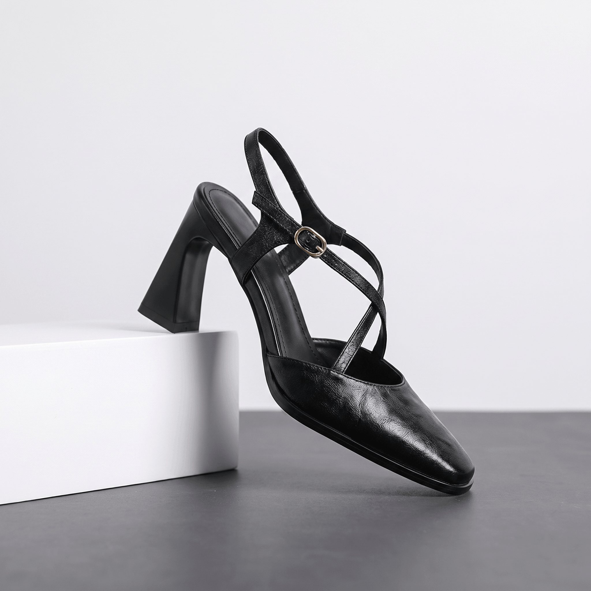 Bella Leather Slingback Heels – Cross-Strap Block Heel Pointed-Toe Pumps