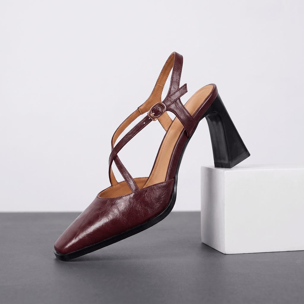 Bella Leather Slingback Heels – Cross-Strap Block Heel Pointed-Toe Pumps