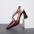 Bella Leather Slingback Heels – Cross-Strap Block Heel Pointed-Toe Pumps