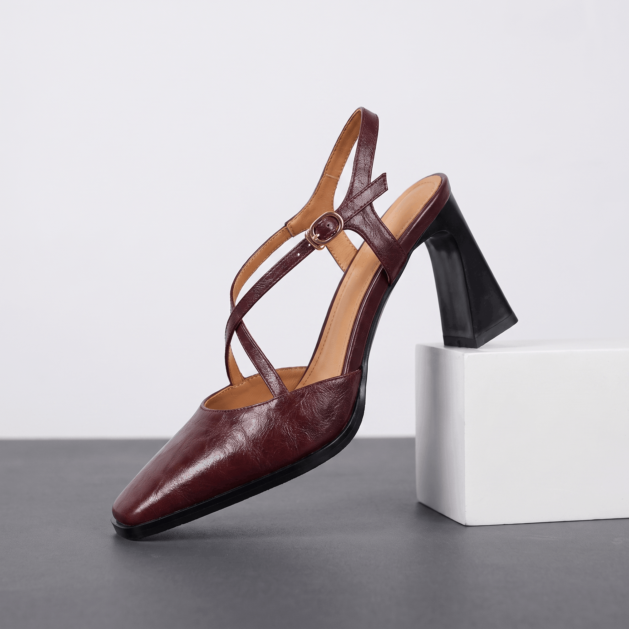 Bella Leather Slingback Heels – Cross-Strap Block Heel Pointed-Toe Pumps