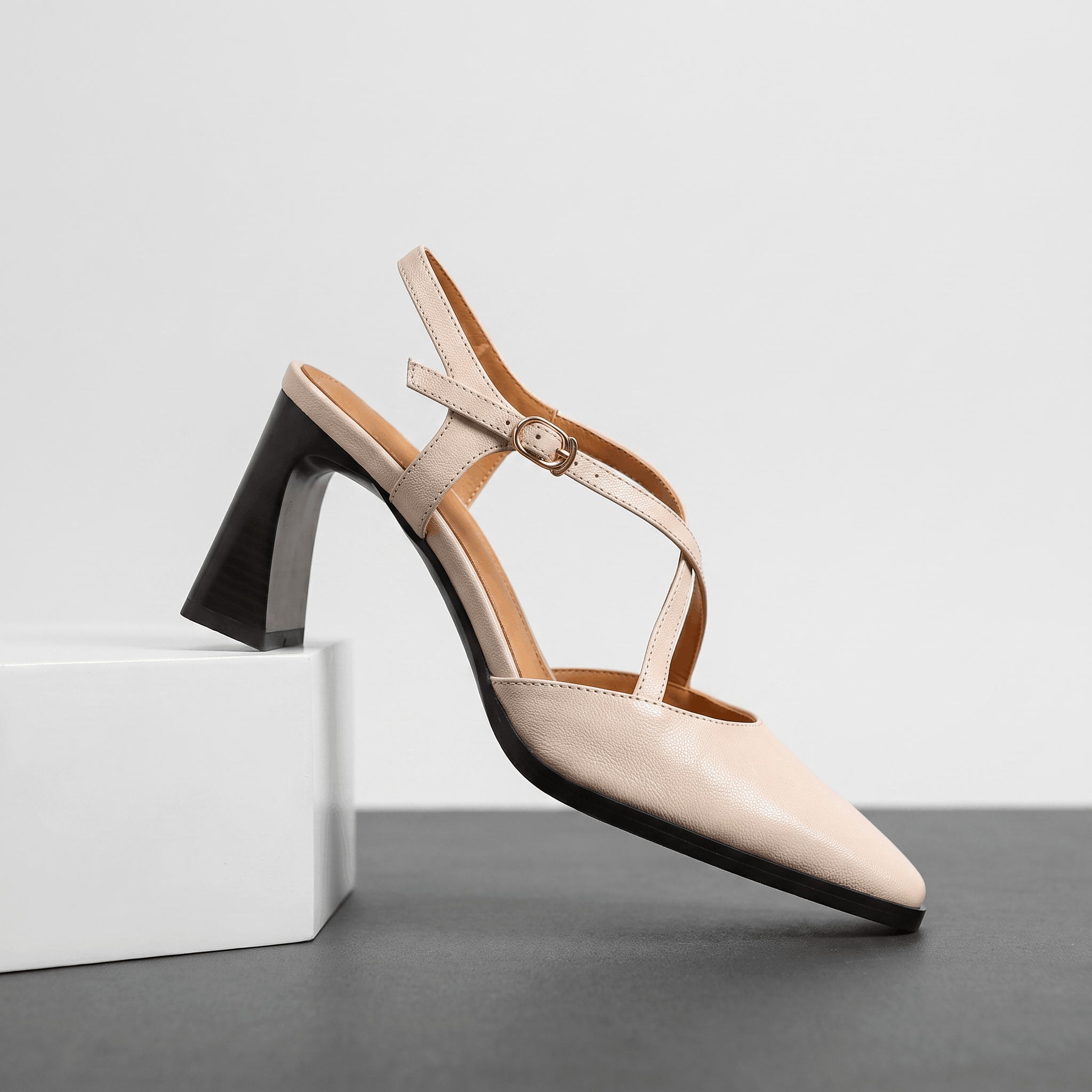 Bella Leather Slingback Heels – Cross-Strap Block Heel Pointed-Toe Pumps